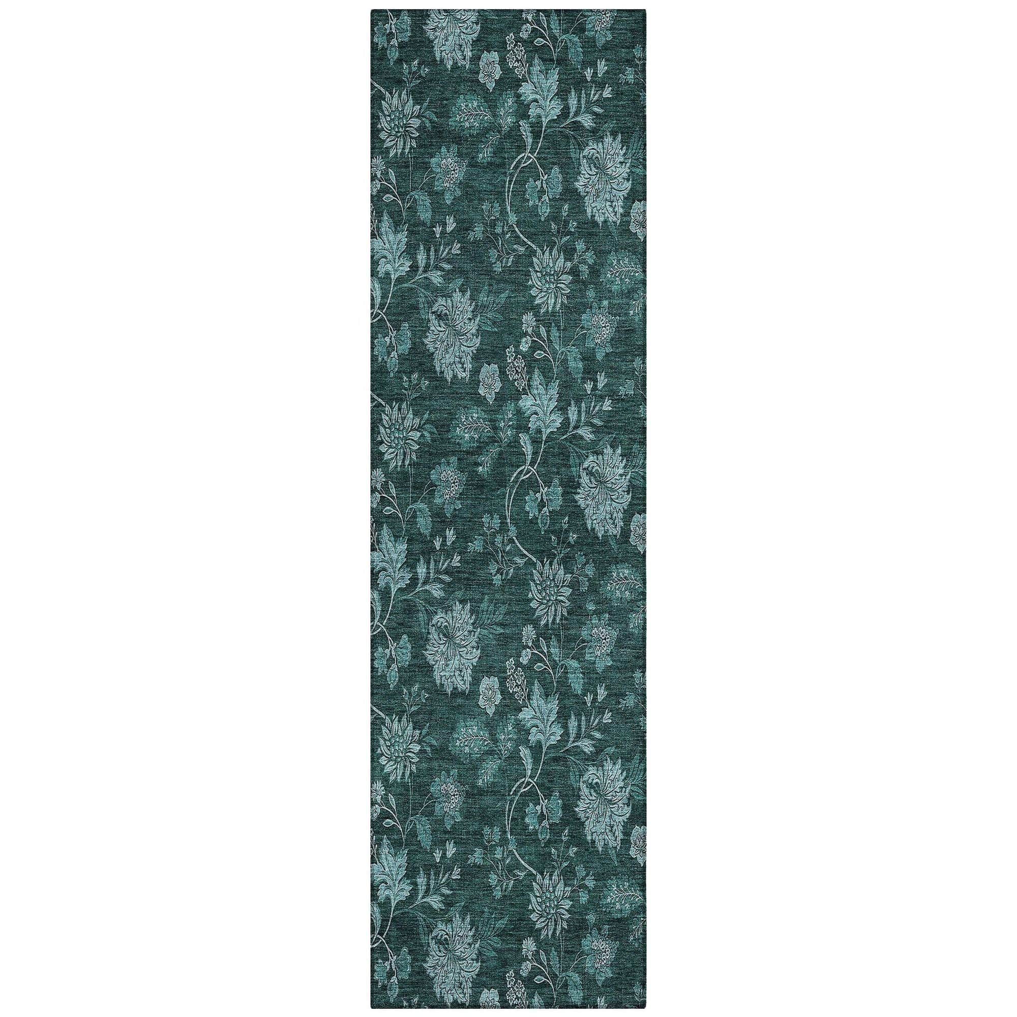 Machine Washable Teal Rug - Indoor / Outdoor - Kids / Pet Friendly Floral Print Rug