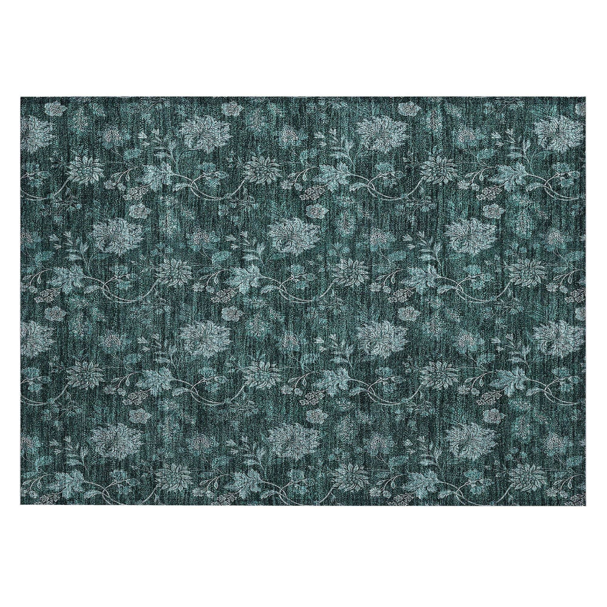 Machine Washable Teal Rug - Indoor / Outdoor - Kids / Pet Friendly Floral Print Rug