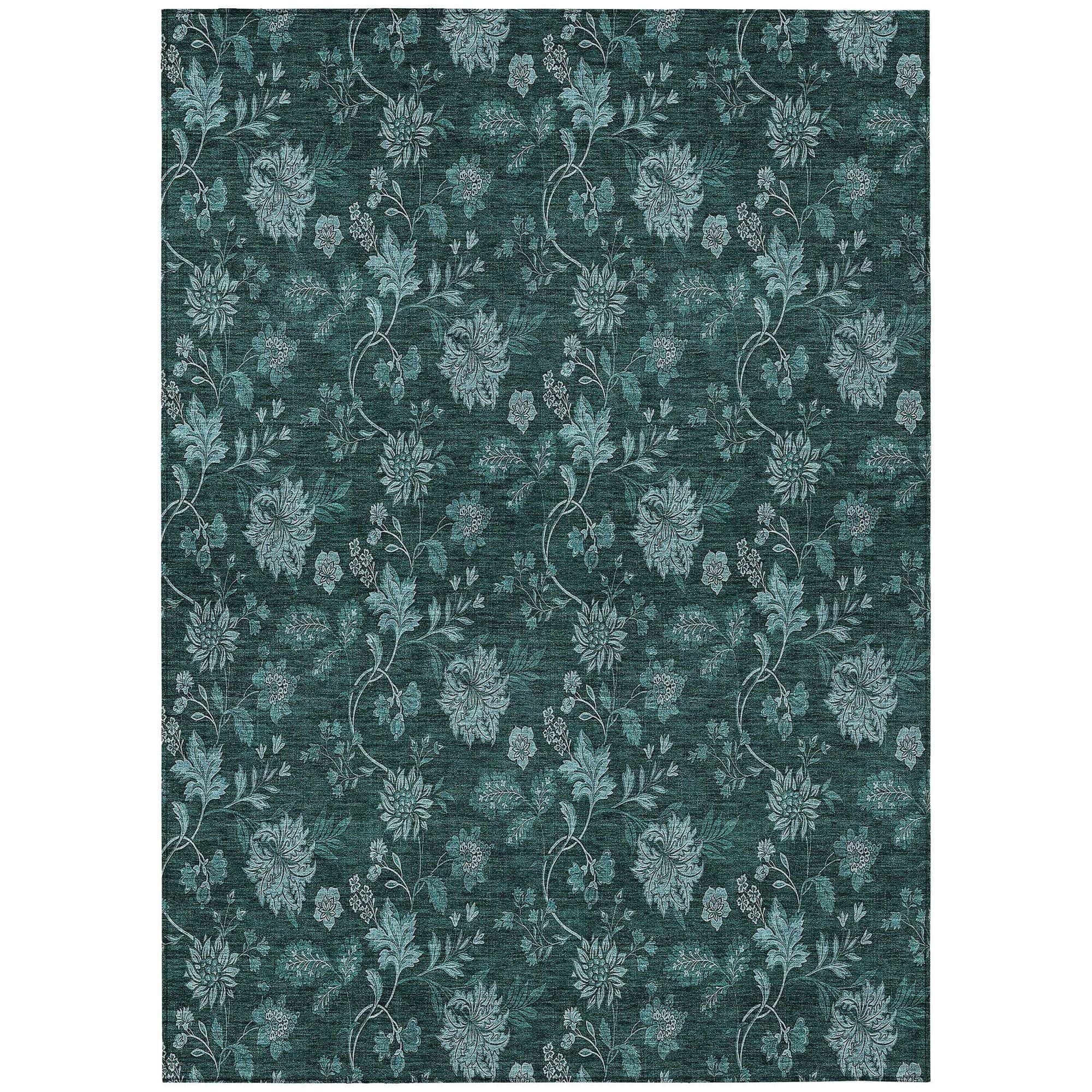 Machine Washable Teal Rug - Indoor / Outdoor - Kids / Pet Friendly Floral Print Rug