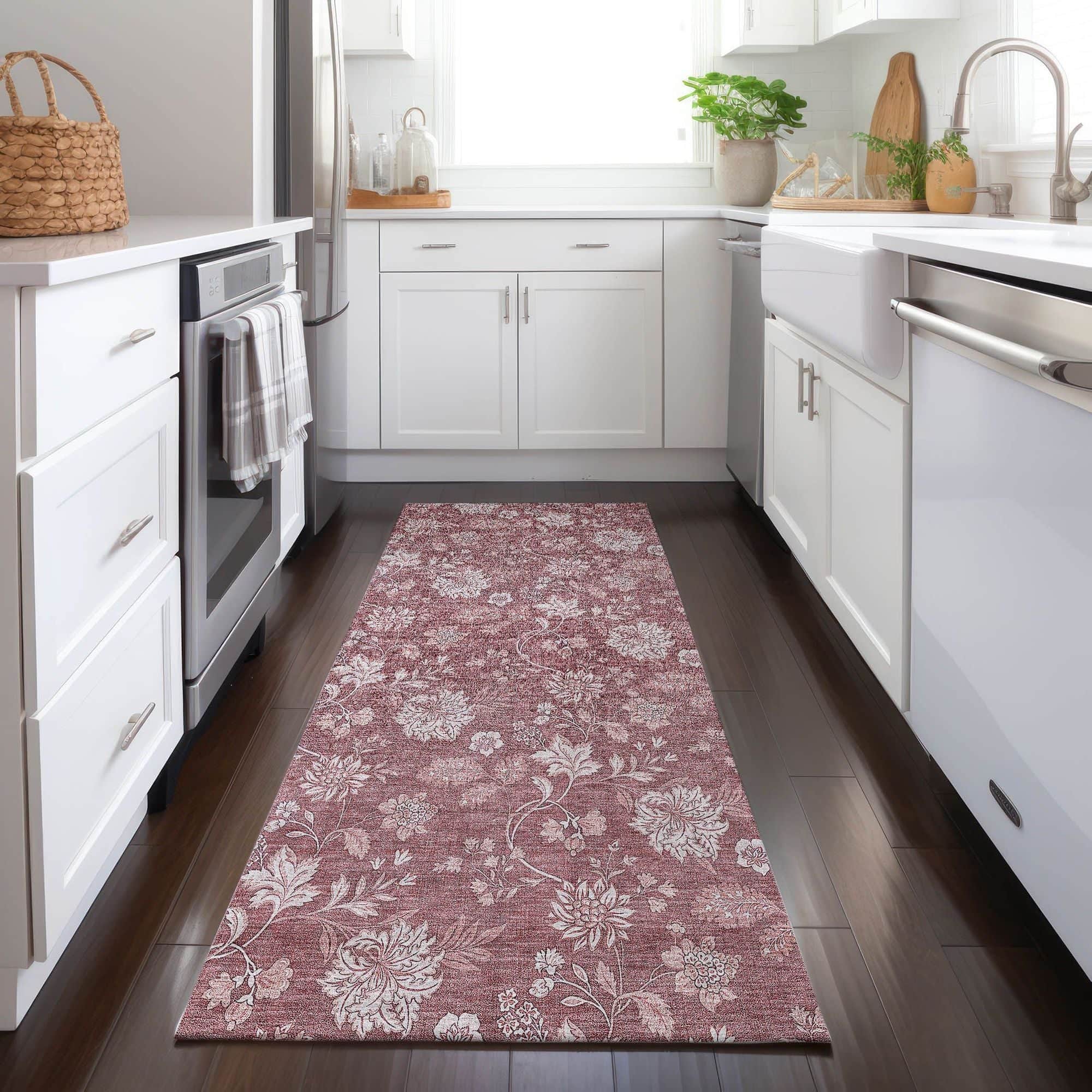 Machine Washable Blush Pink Rug - Indoor / Outdoor - Kids / Pet Friendly Floral Print Rug