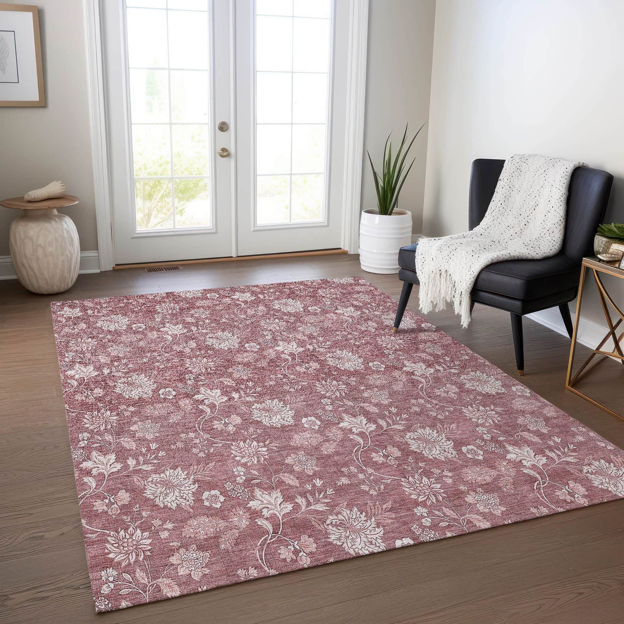 Machine Washable Blush Pink Rug - Indoor / Outdoor - Kids / Pet Friendly Floral Print Rug