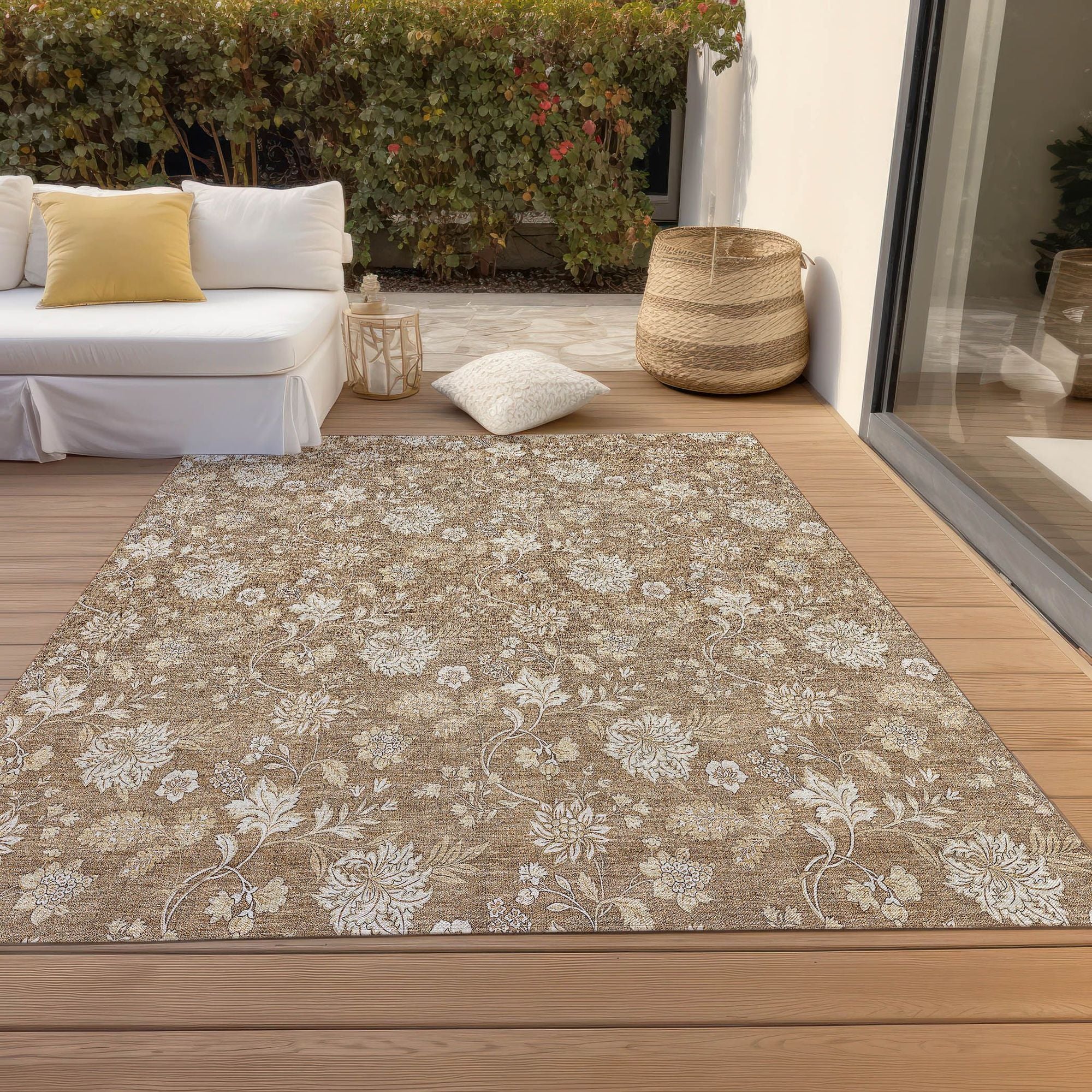 Machine Washable Copper Orange Rug - Indoor / Outdoor - Kids / Pet Friendly Floral Print Rug