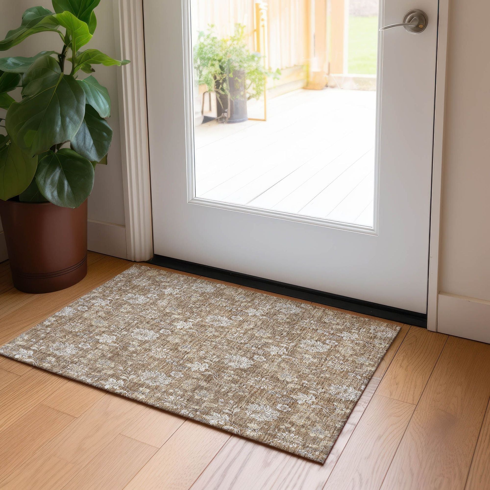Machine Washable Copper Orange Rug - Indoor / Outdoor - Kids / Pet Friendly Floral Print Rug