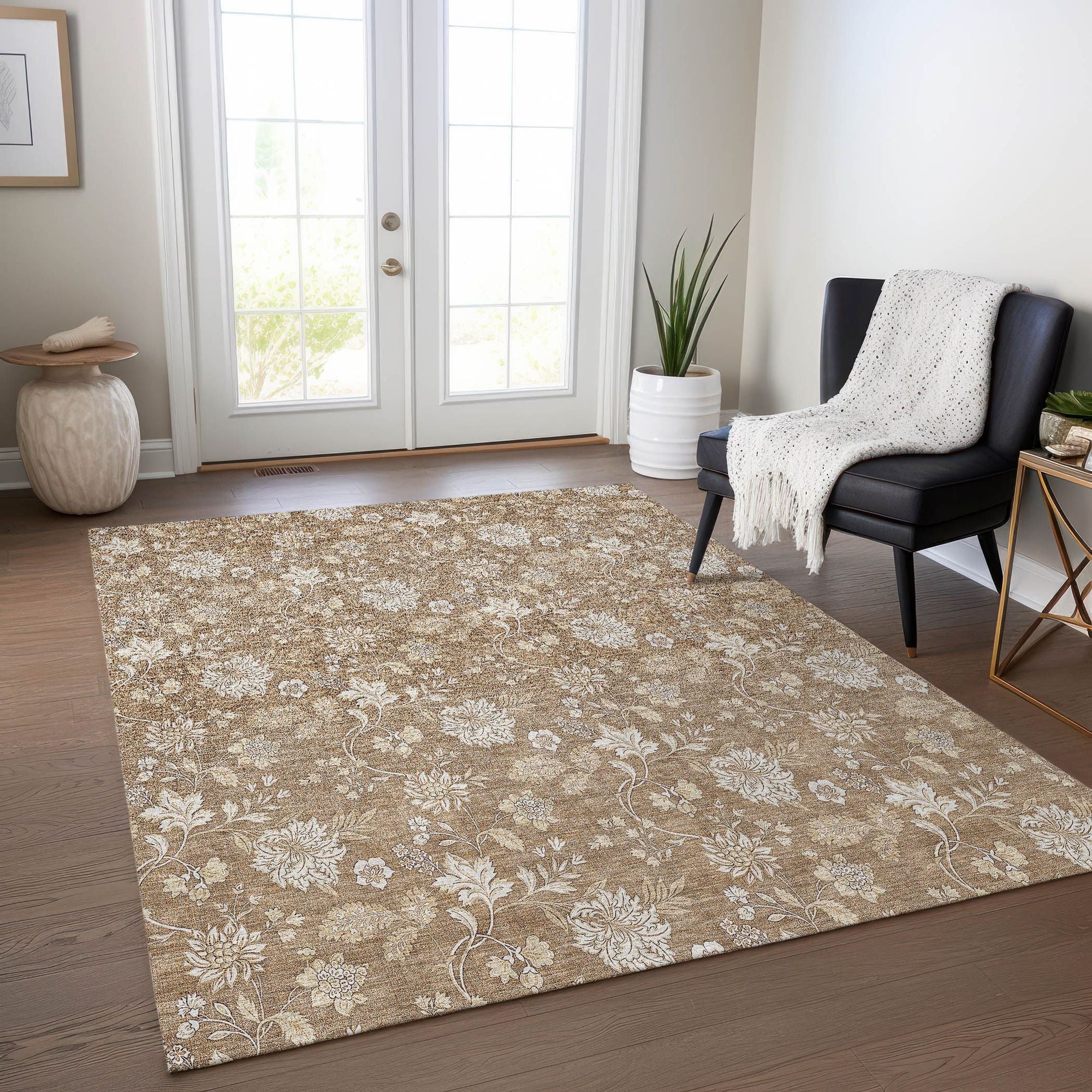 Machine Washable Copper Orange Rug - Indoor / Outdoor - Kids / Pet Friendly Floral Print Rug