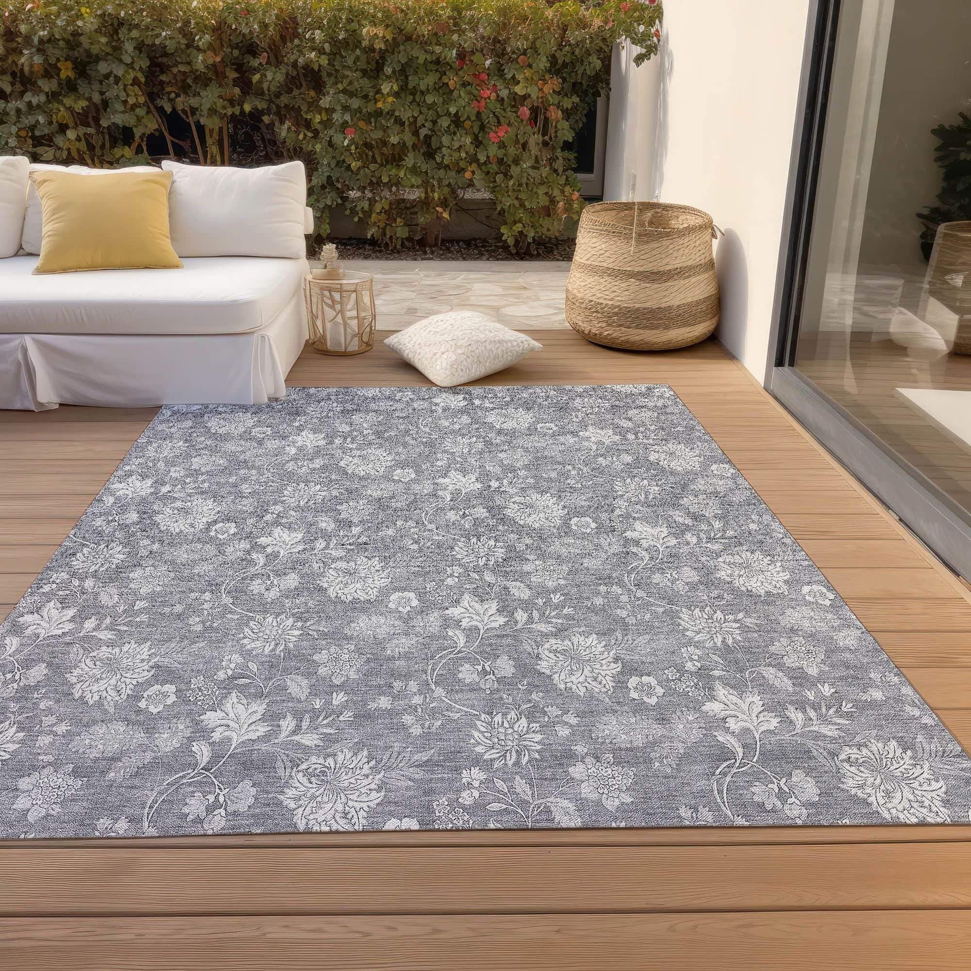 Machine Washable Gray Rug - Indoor / Outdoor - Kids / Pet Friendly Floral Print Rug