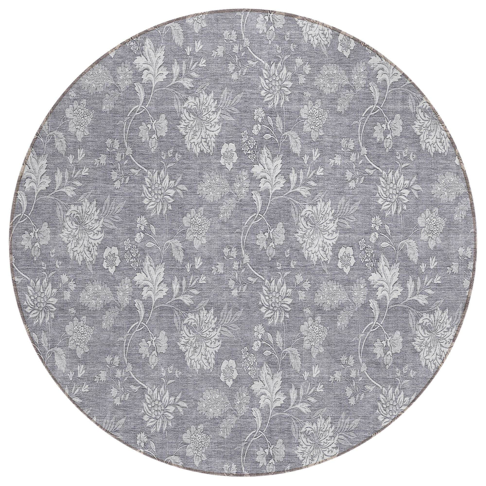 Machine Washable Gray Rug - Indoor / Outdoor - Kids / Pet Friendly Floral Print Rug