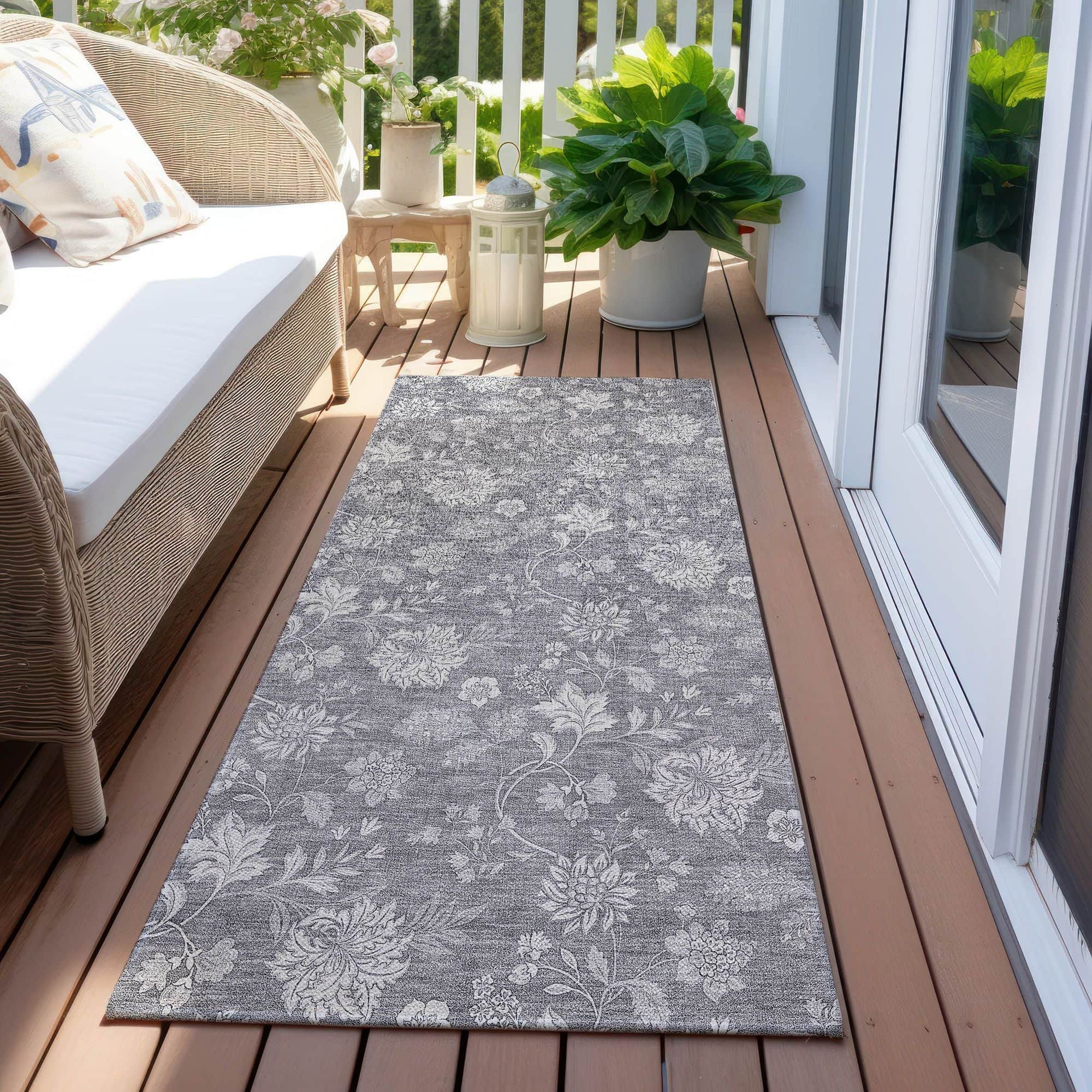 Machine Washable Gray Rug - Indoor / Outdoor - Kids / Pet Friendly Floral Print Rug