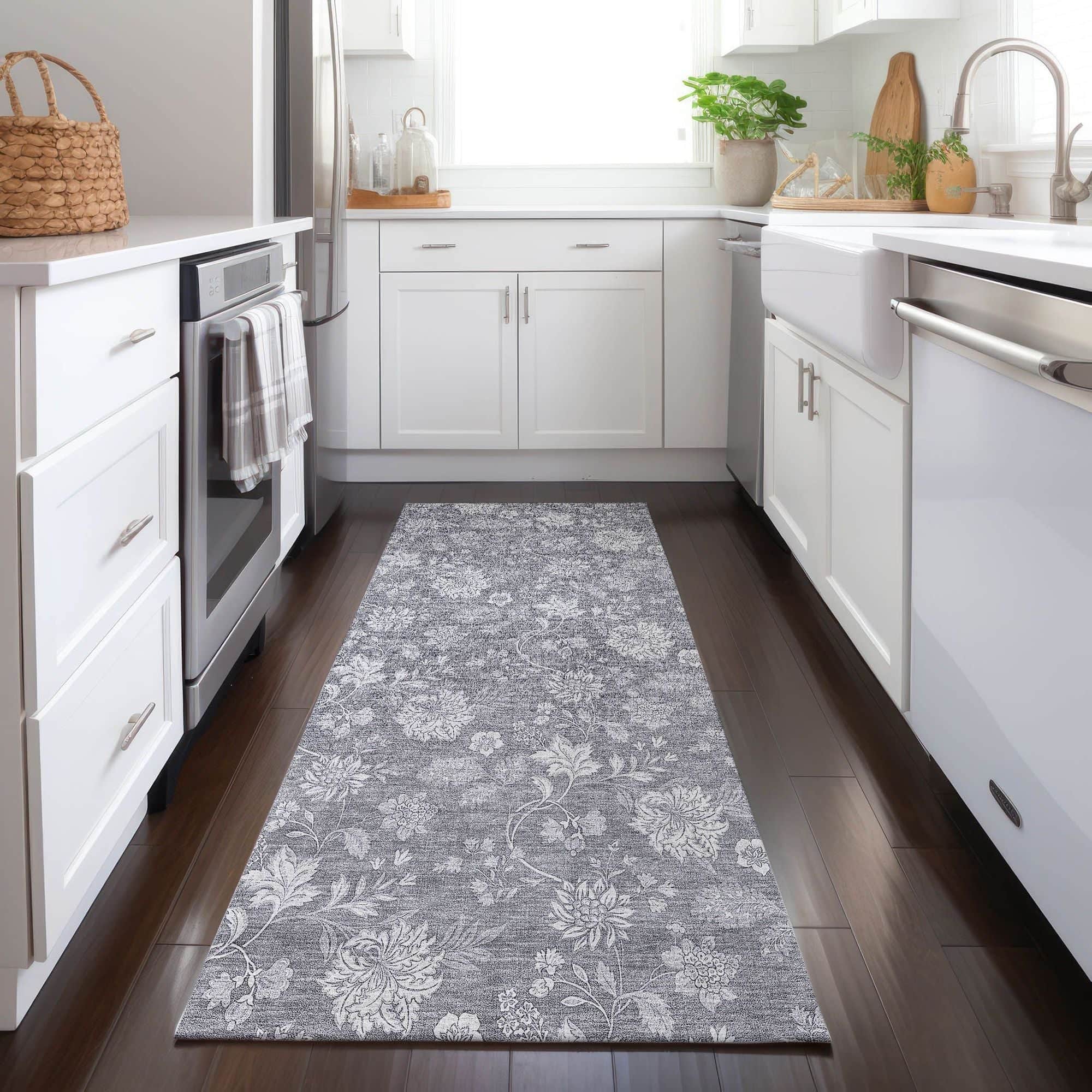 Machine Washable Gray Rug - Indoor / Outdoor - Kids / Pet Friendly Floral Print Rug