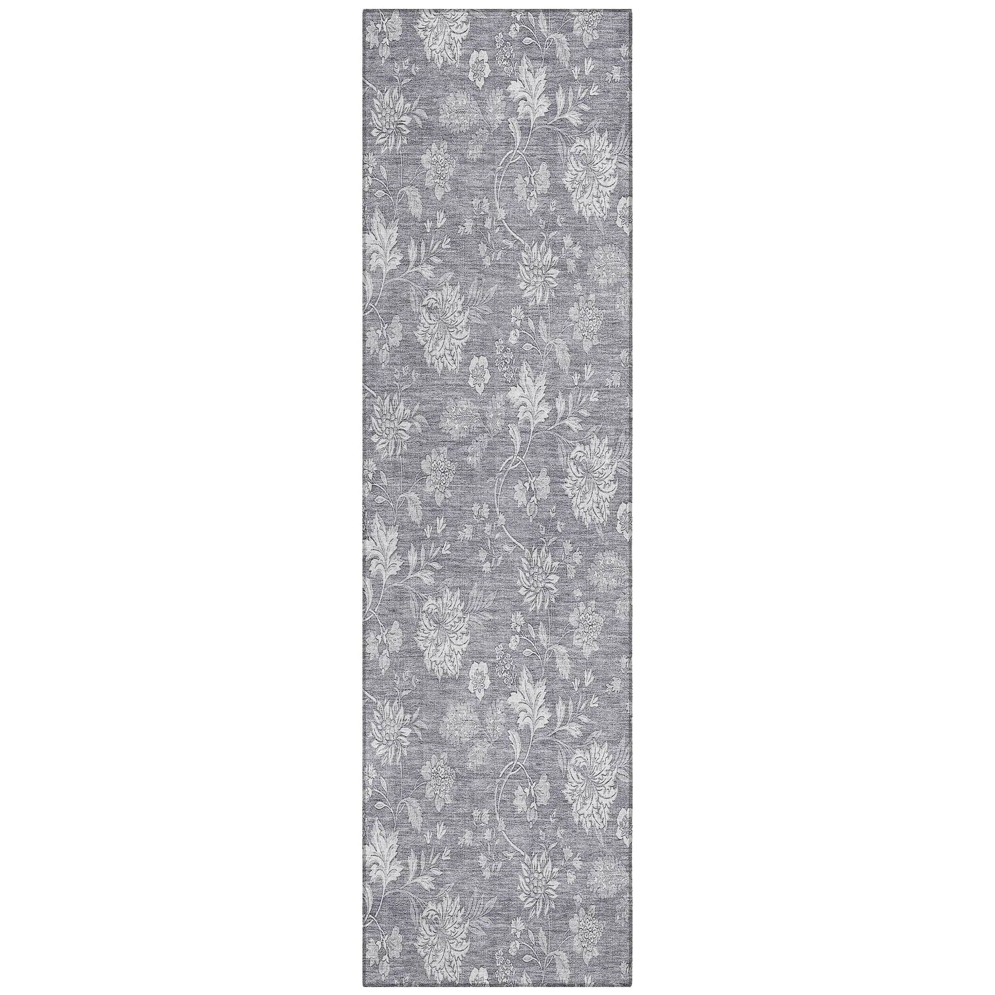 Machine Washable Gray Rug - Indoor / Outdoor - Kids / Pet Friendly Floral Print Rug