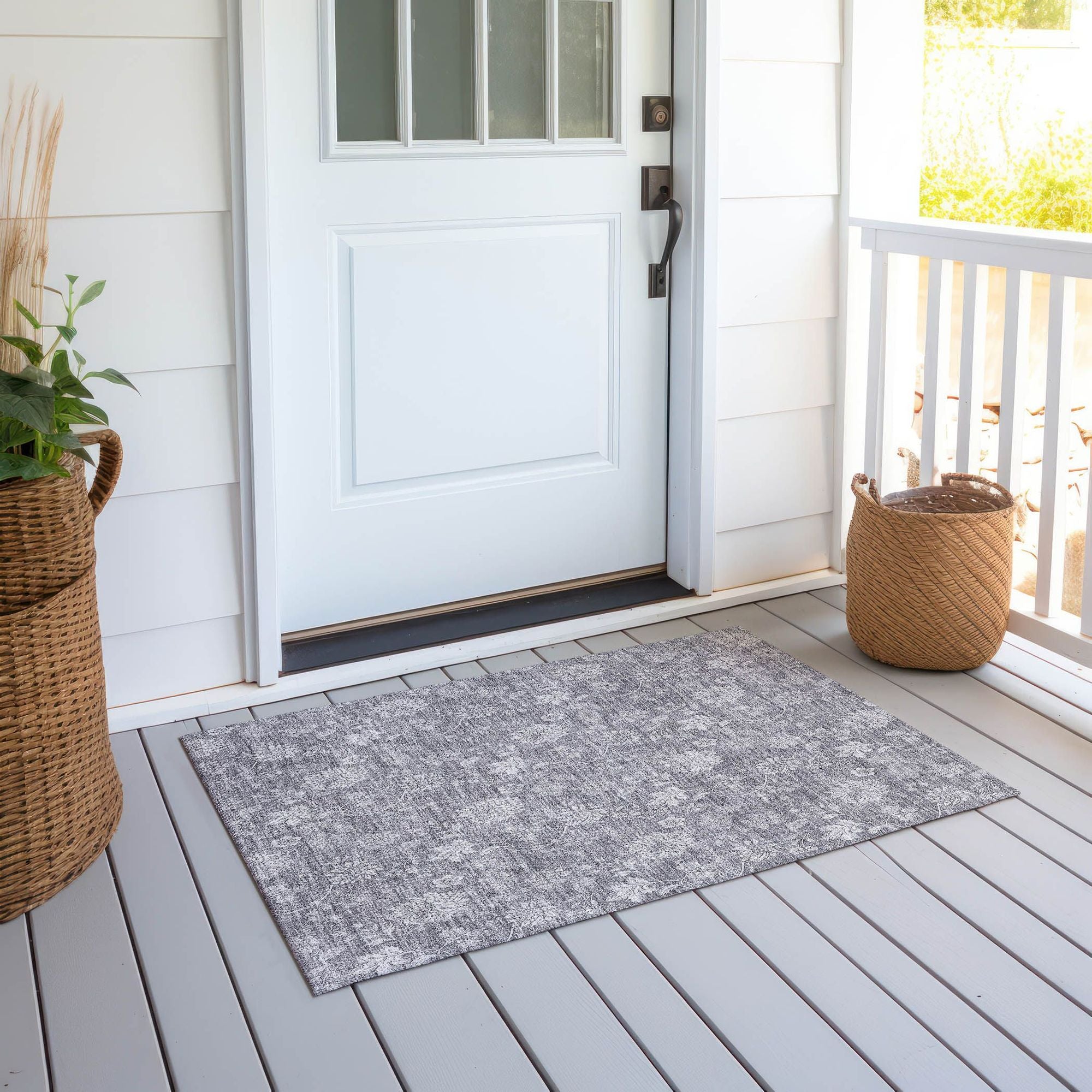 Machine Washable Gray Rug - Indoor / Outdoor - Kids / Pet Friendly Floral Print Rug