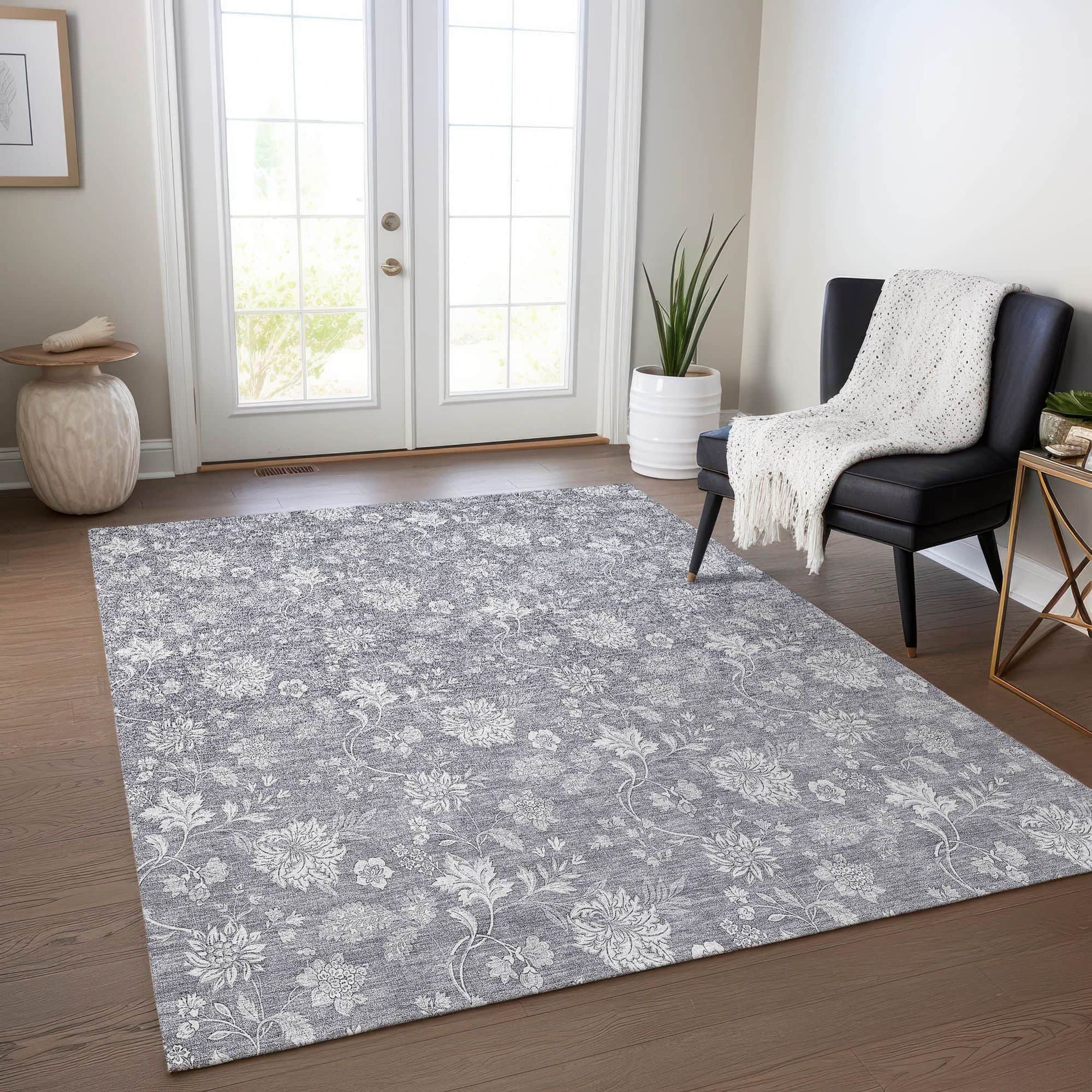 Machine Washable Gray Rug - Indoor / Outdoor - Kids / Pet Friendly Floral Print Rug