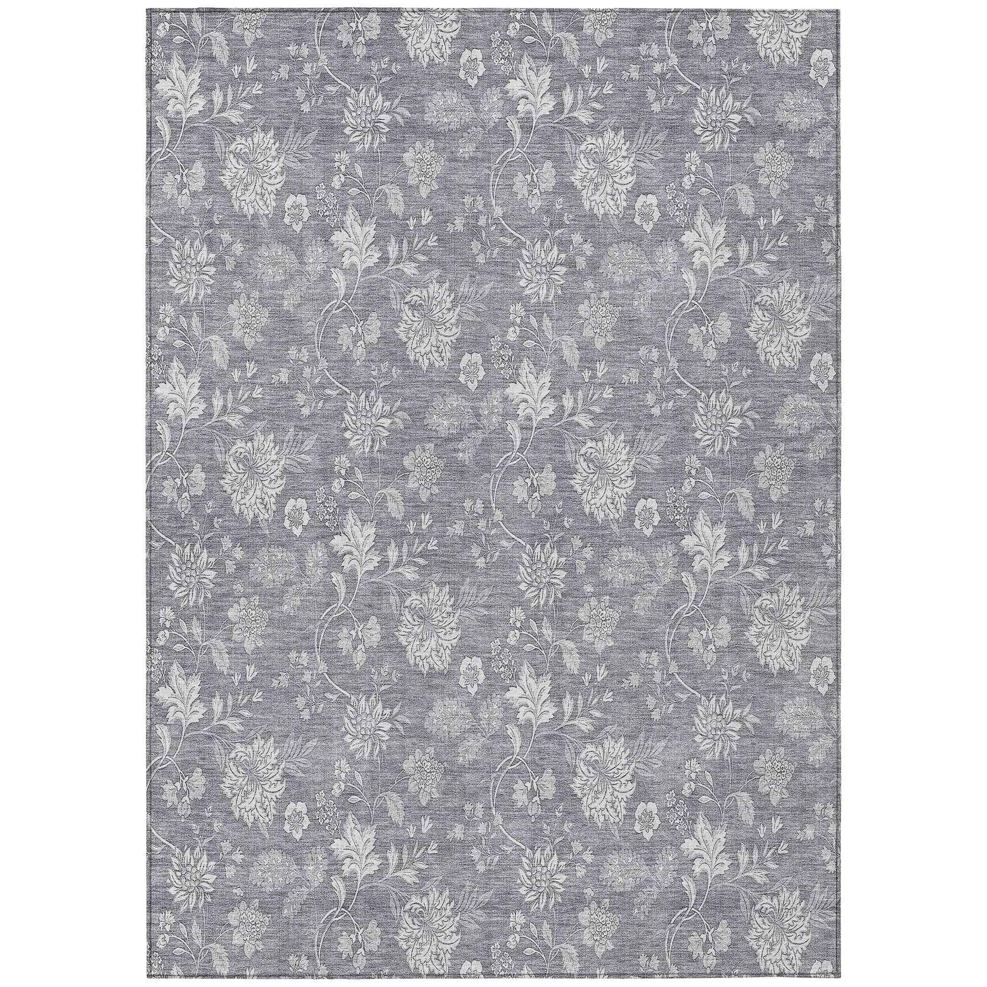 Machine Washable Gray Rug - Indoor / Outdoor - Kids / Pet Friendly Floral Print Rug