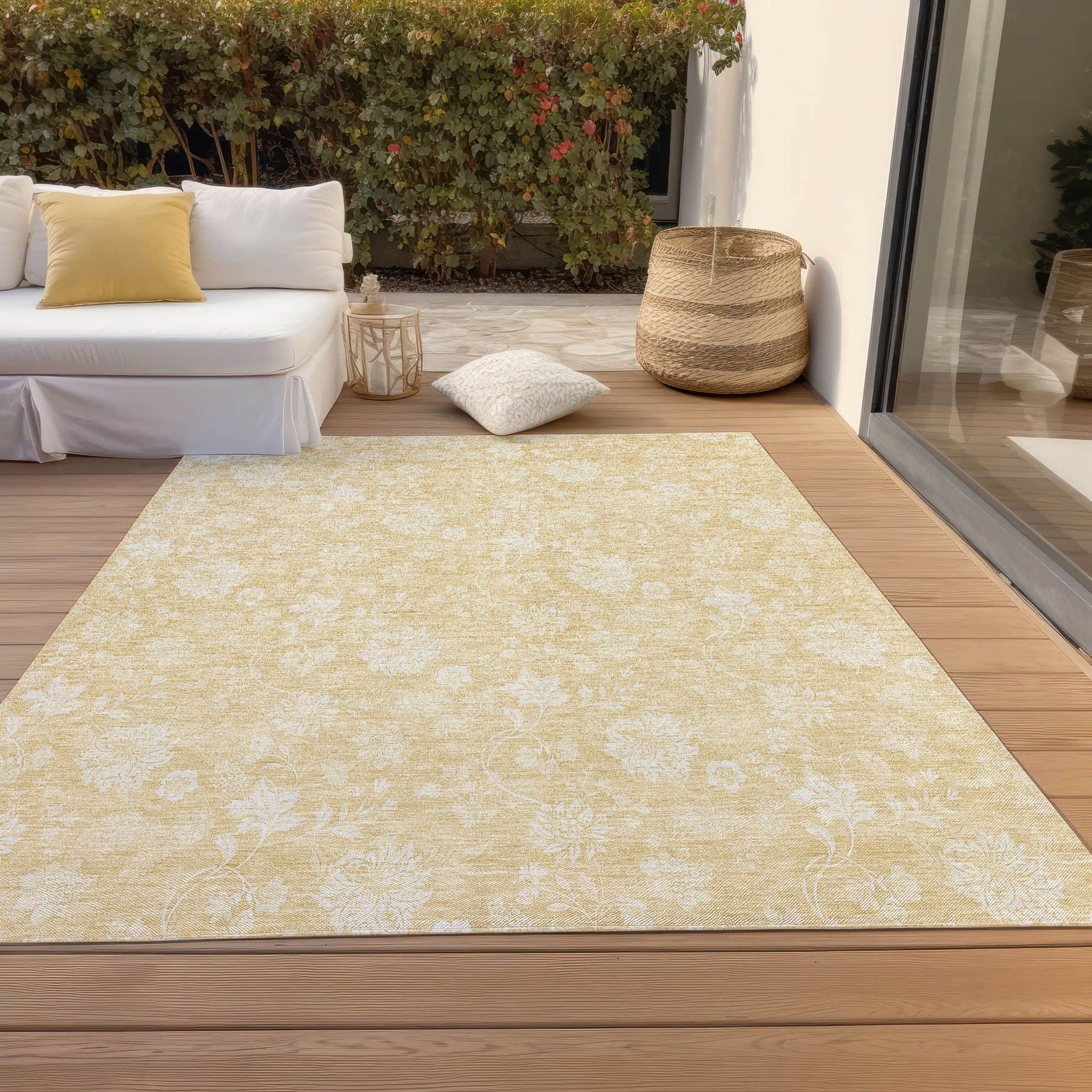 Machine Washable Honey Gold Rug - Indoor / Outdoor - Kids / Pet Friendly Floral Print Rug