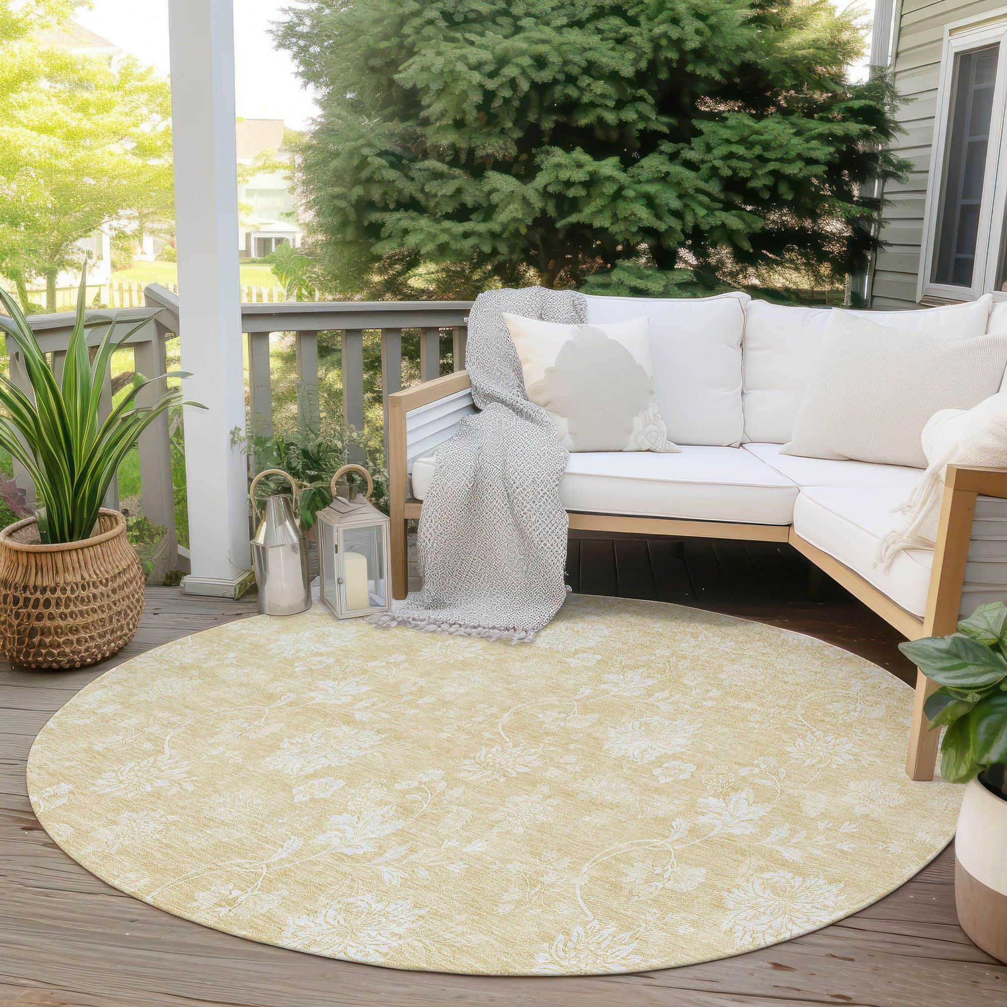 Machine Washable Honey Gold Rug - Indoor / Outdoor - Kids / Pet Friendly Floral Print Rug