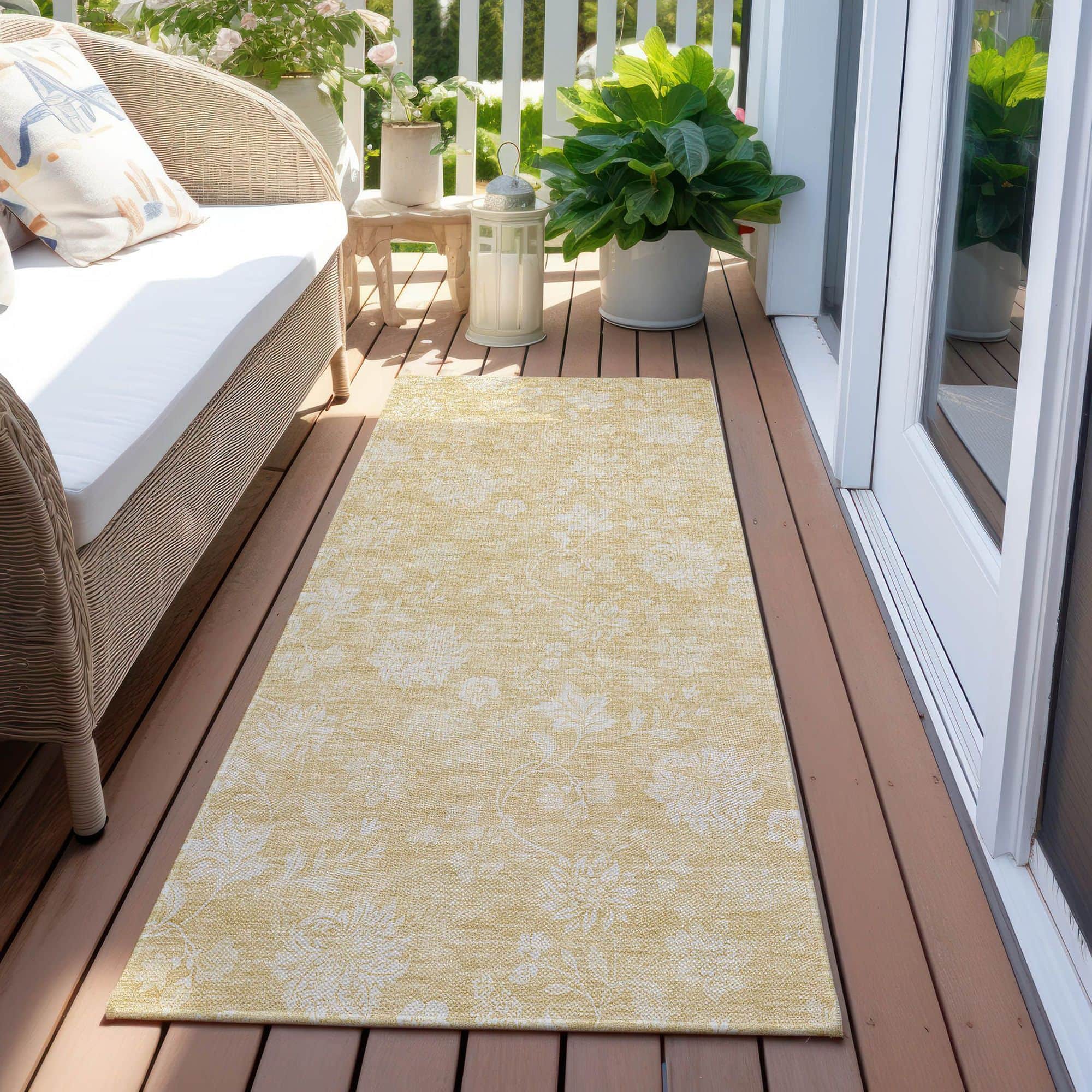 Machine Washable Honey Gold Rug - Indoor / Outdoor - Kids / Pet Friendly Floral Print Rug