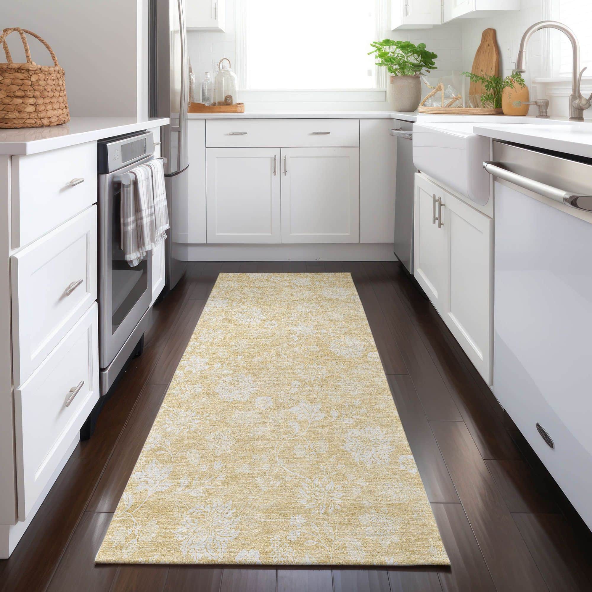 Machine Washable Honey Gold Rug - Indoor / Outdoor - Kids / Pet Friendly Floral Print Rug