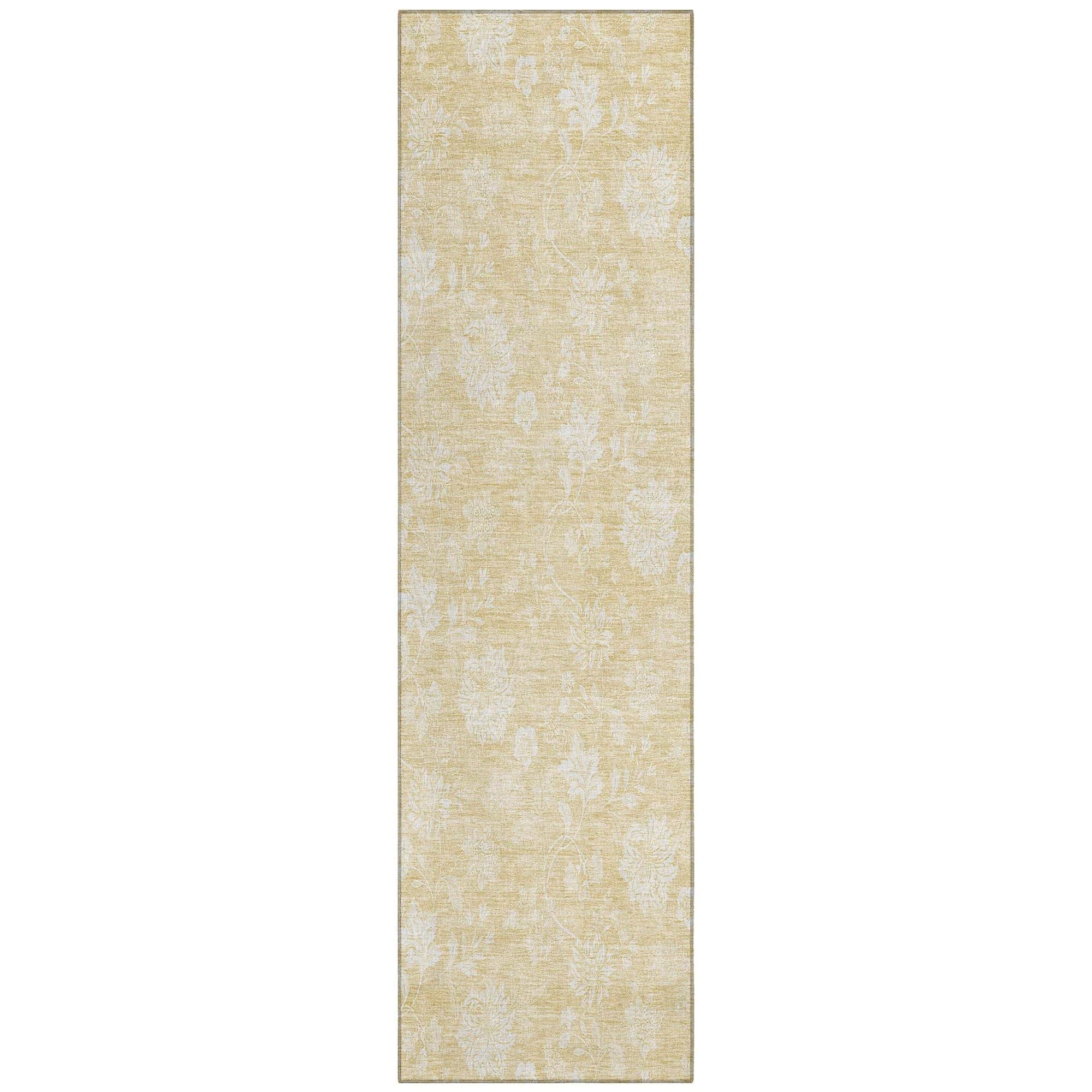 Machine Washable Honey Gold Rug - Indoor / Outdoor - Kids / Pet Friendly Floral Print Rug
