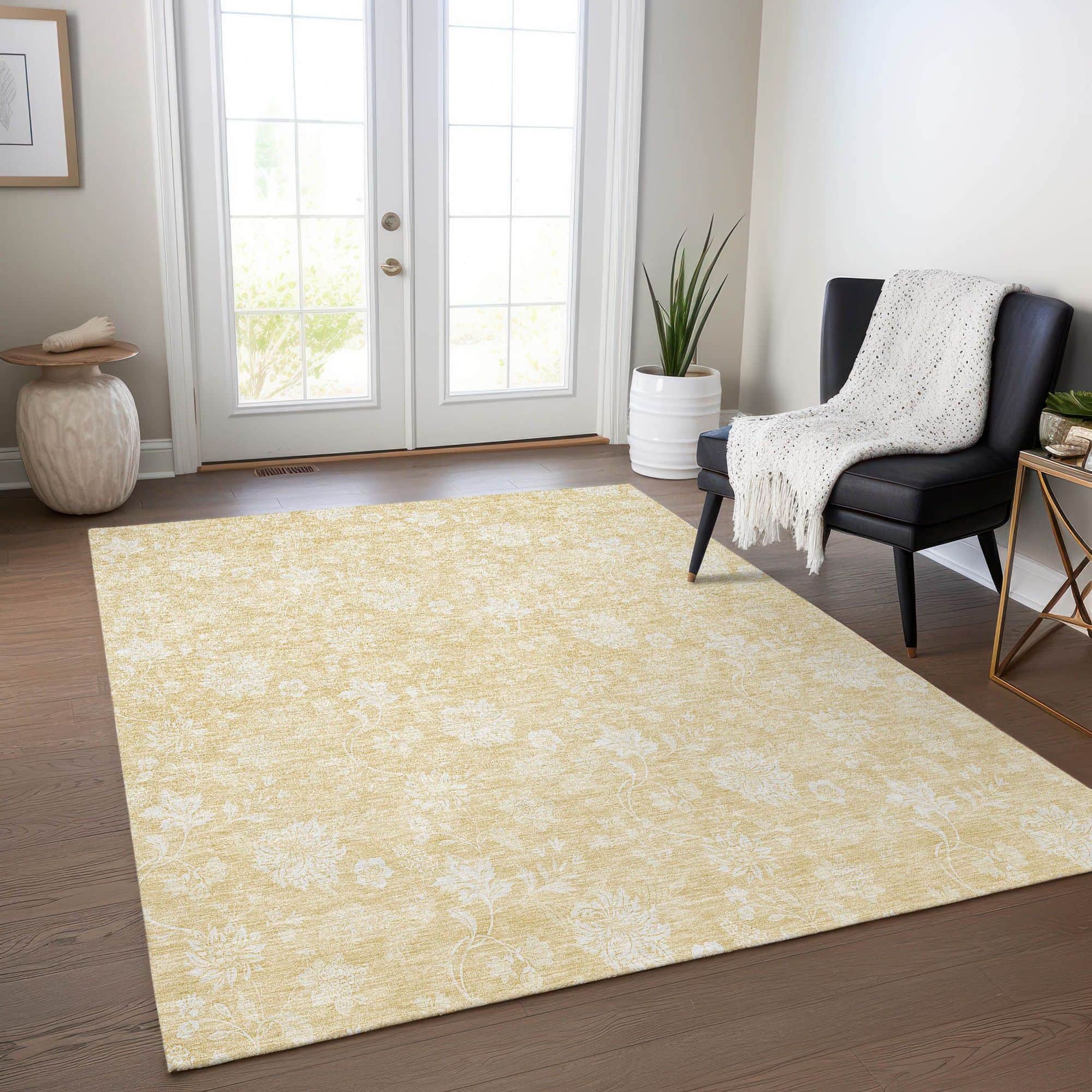 Machine Washable Honey Gold Rug - Indoor / Outdoor - Kids / Pet Friendly Floral Print Rug
