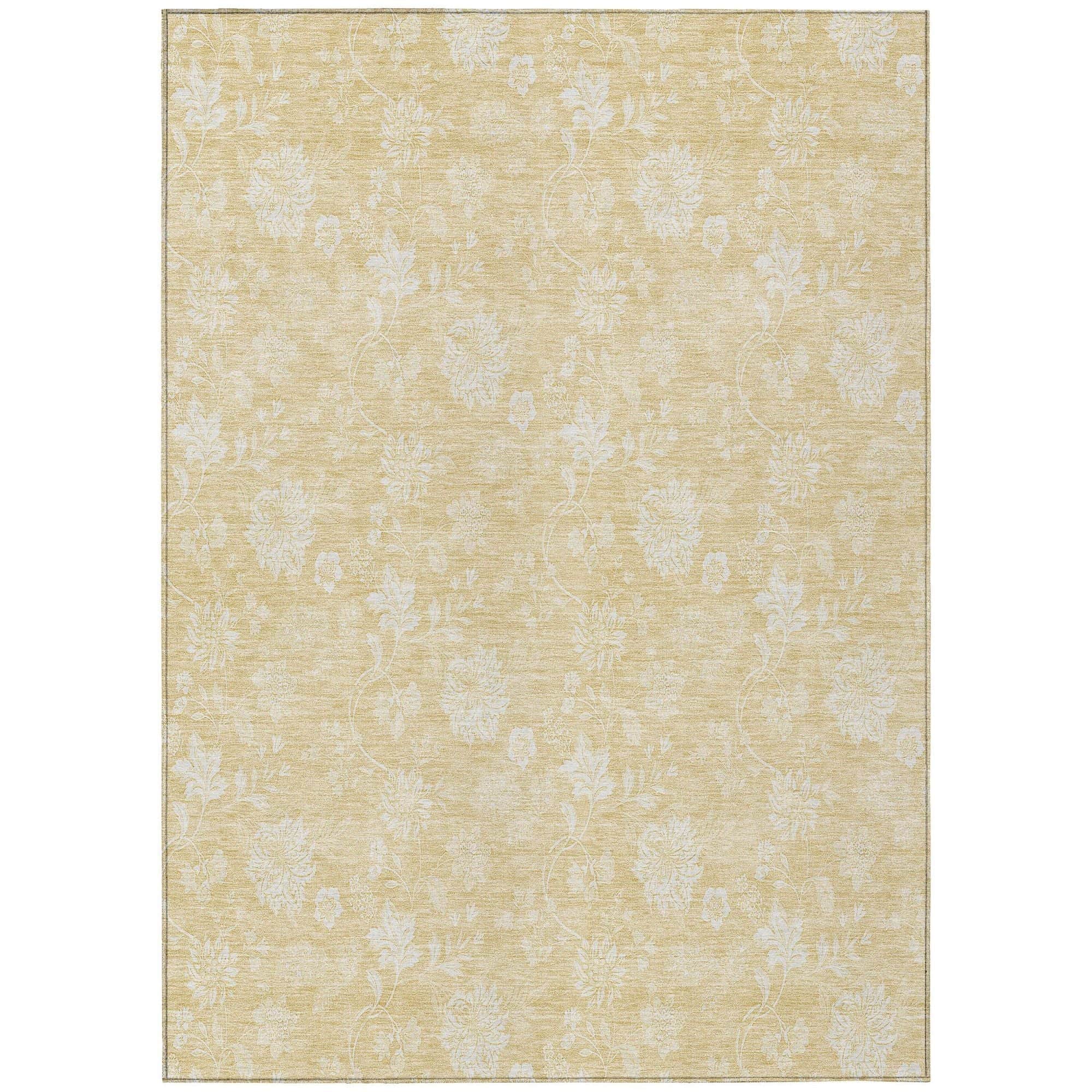 Machine Washable Honey Gold Rug - Indoor / Outdoor - Kids / Pet Friendly Floral Print Rug