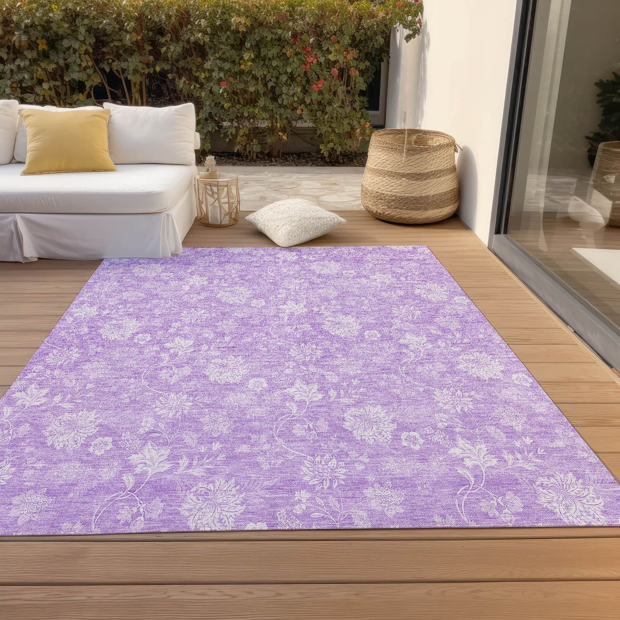 Machine Washable Lilac Purple Rug - Indoor / Outdoor - Kids / Pet Friendly Floral Print Rug