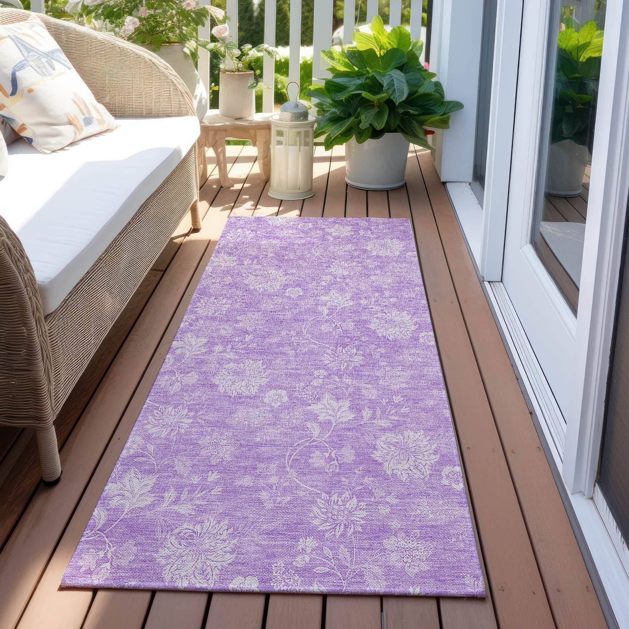 Machine Washable Lilac Purple Rug - Indoor / Outdoor - Kids / Pet Friendly Floral Print Rug