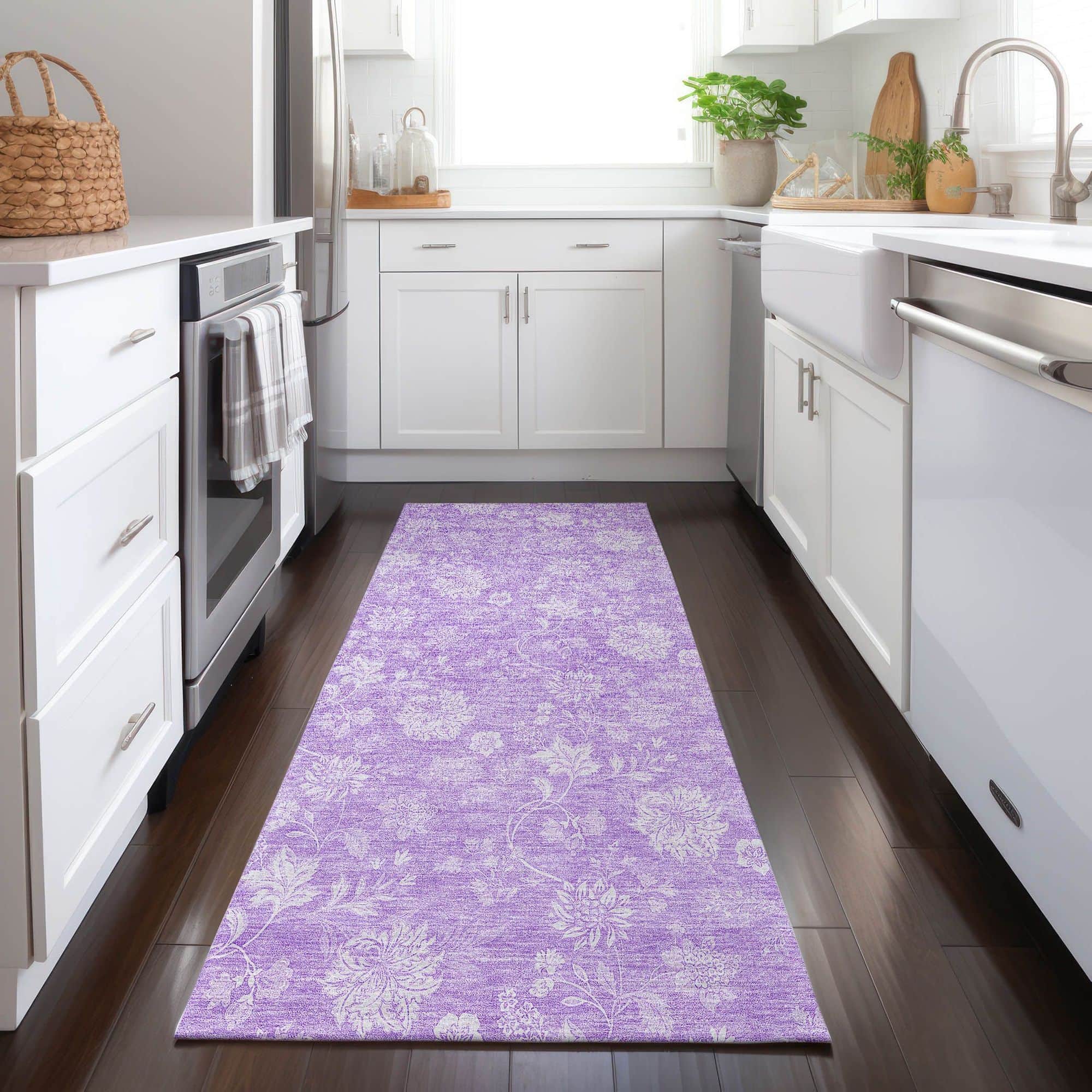 Machine Washable Lilac Purple Rug - Indoor / Outdoor - Kids / Pet Friendly Floral Print Rug