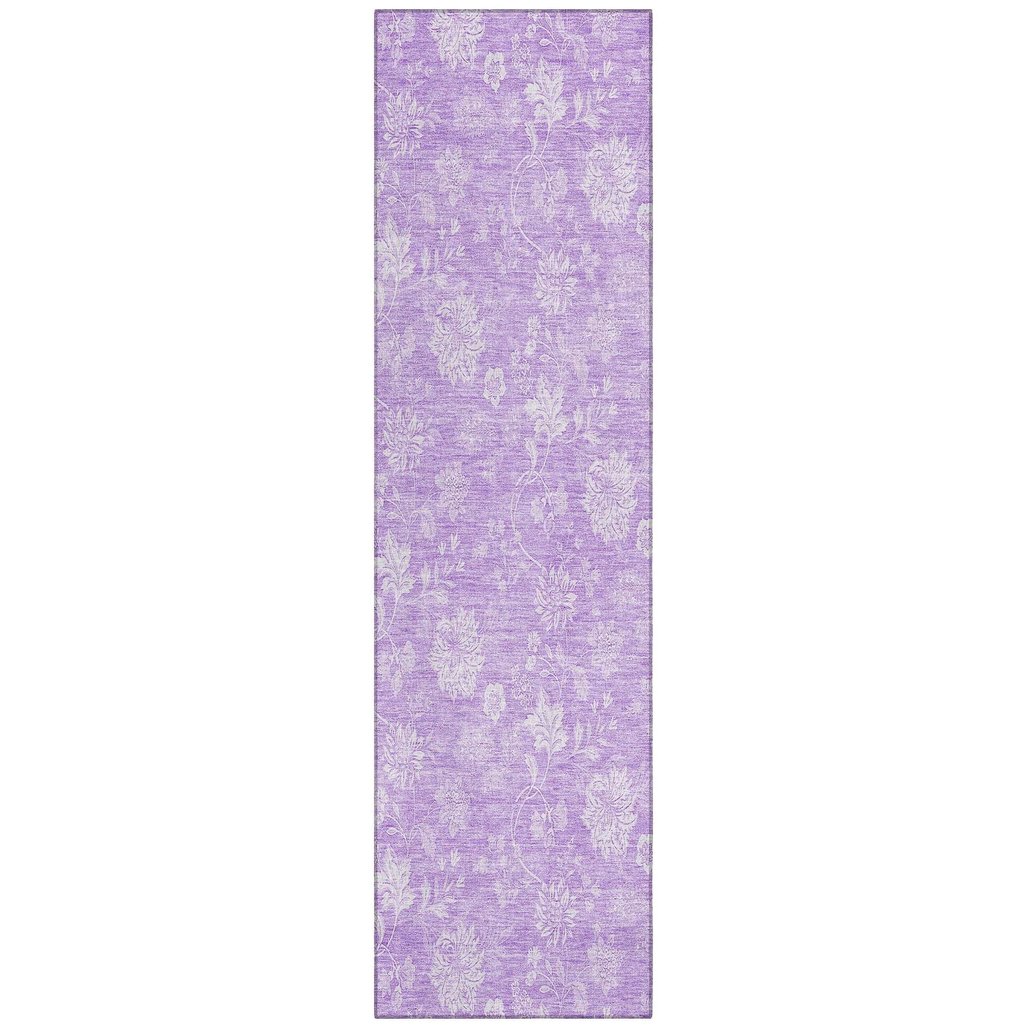 Machine Washable Lilac Purple Rug - Indoor / Outdoor - Kids / Pet Friendly Floral Print Rug