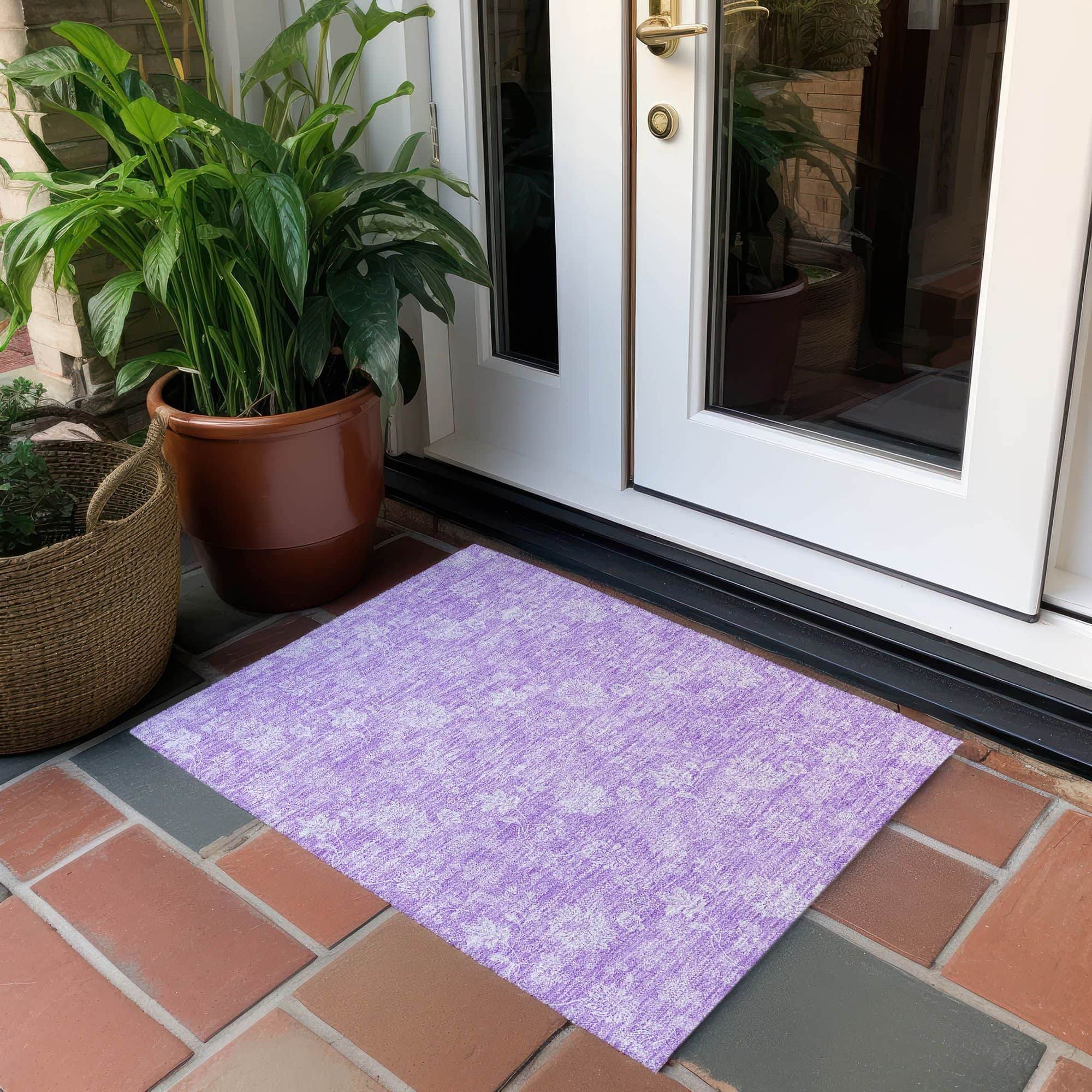 Machine Washable Lilac Purple Rug - Indoor / Outdoor - Kids / Pet Friendly Floral Print Rug