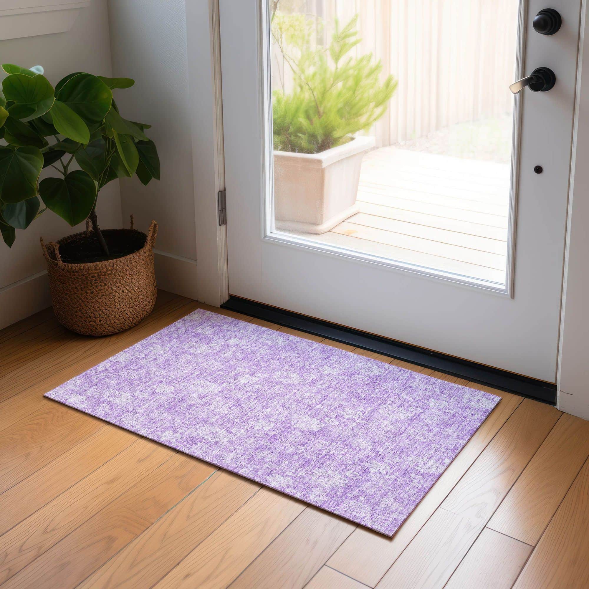 Machine Washable Lilac Purple Rug - Indoor / Outdoor - Kids / Pet Friendly Floral Print Rug