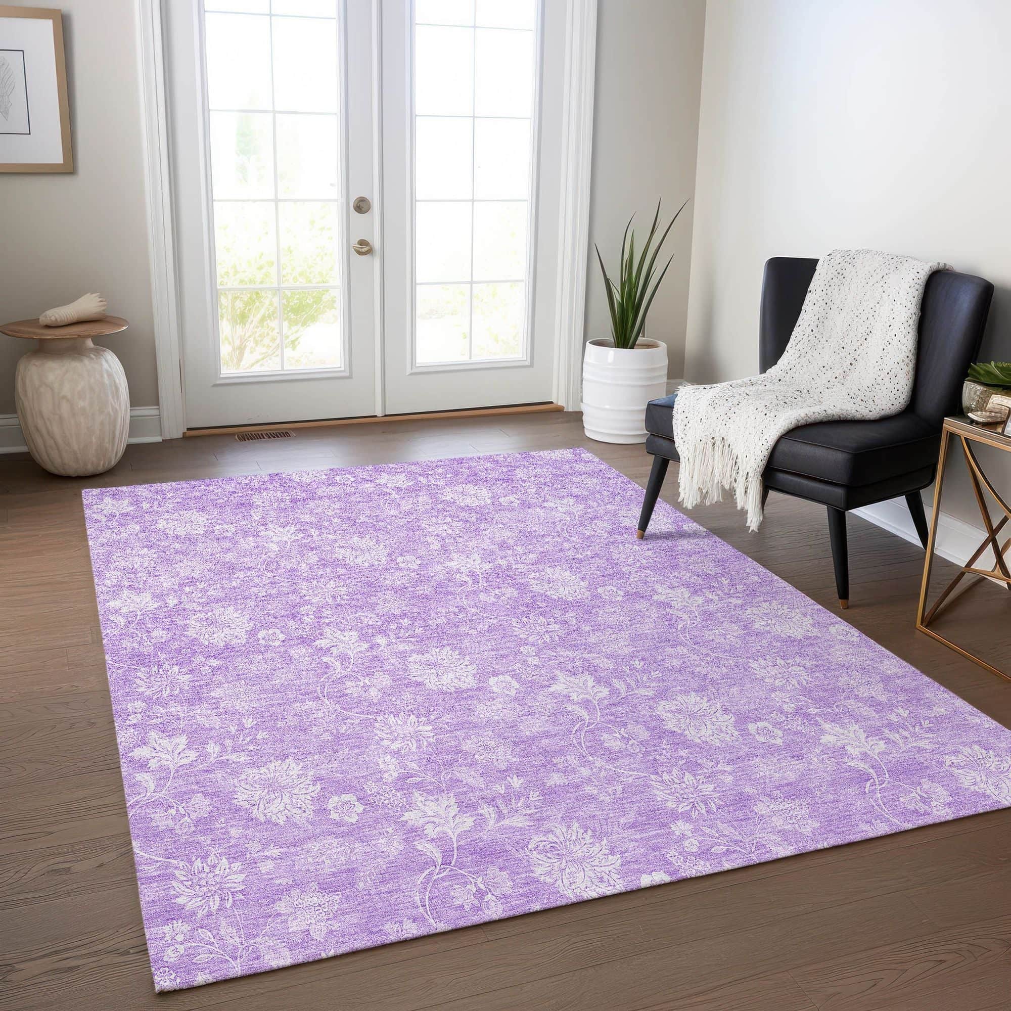 Machine Washable Lilac Purple Rug - Indoor / Outdoor - Kids / Pet Friendly Floral Print Rug