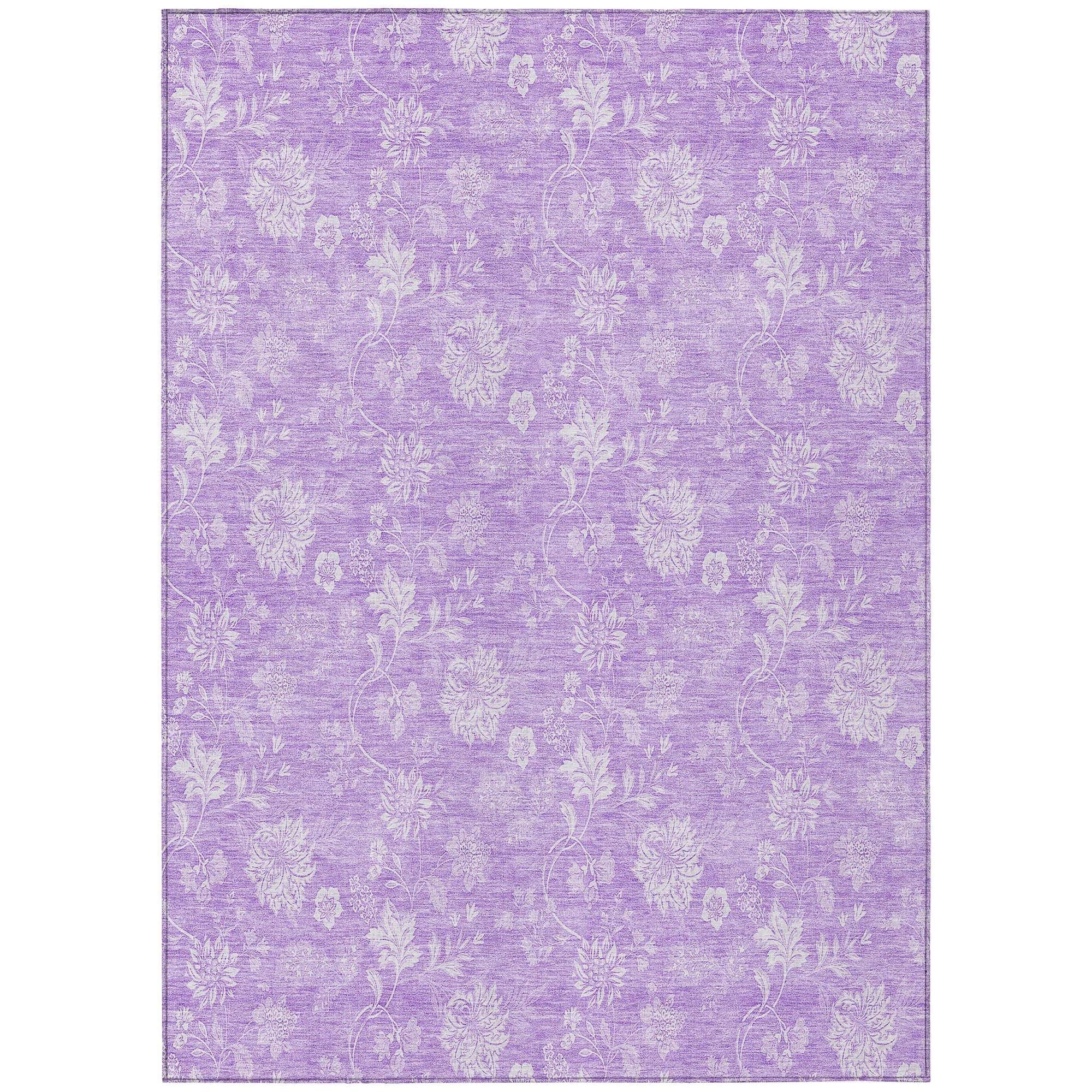 Machine Washable Lilac Purple Rug - Indoor / Outdoor - Kids / Pet Friendly Floral Print Rug