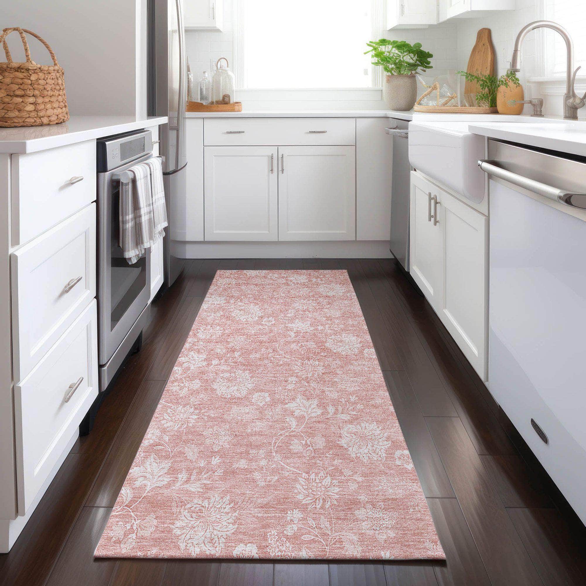 Machine Washable Pink Rug - Indoor / Outdoor - Kids / Pet Friendly Floral Print Rug