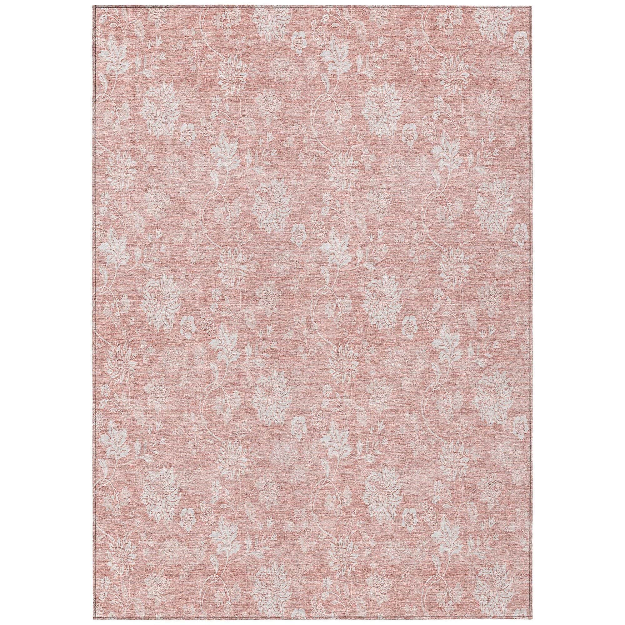 Machine Washable Pink Rug - Indoor / Outdoor - Kids / Pet Friendly Floral Print Rug