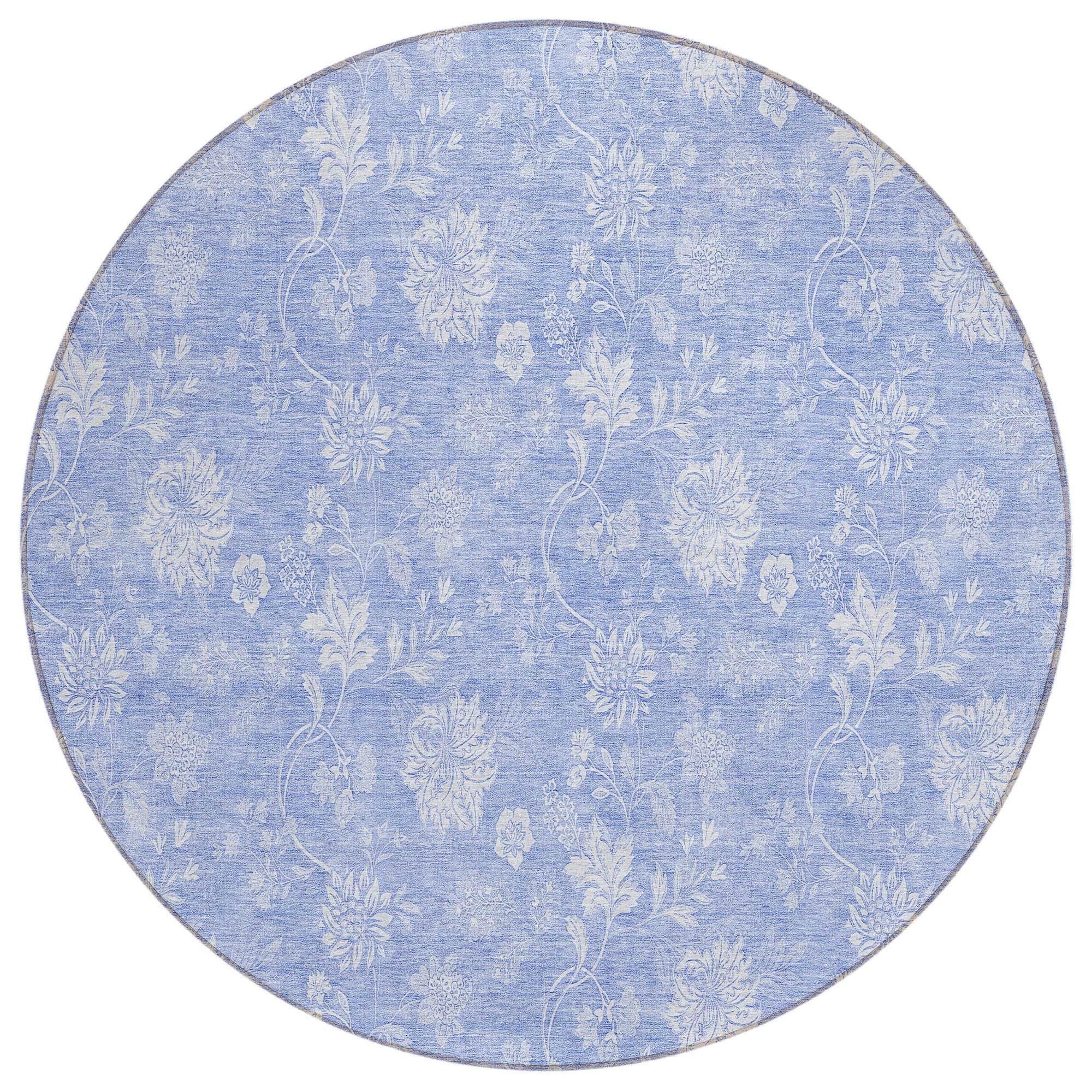 Machine Washable Sky Blue Rug - Indoor / Outdoor - Kids / Pet Friendly Floral Print Rug
