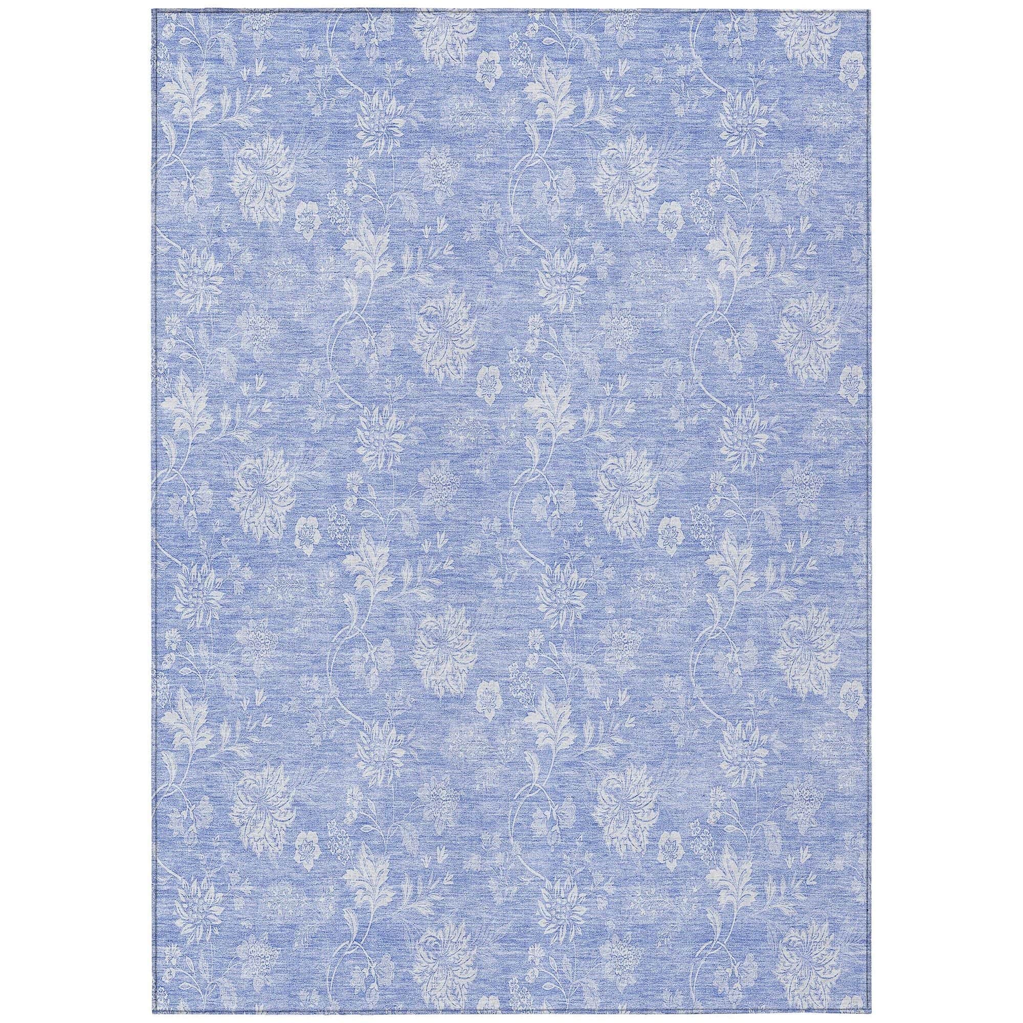 Machine Washable Sky Blue Rug - Indoor / Outdoor - Kids / Pet Friendly Floral Print Rug
