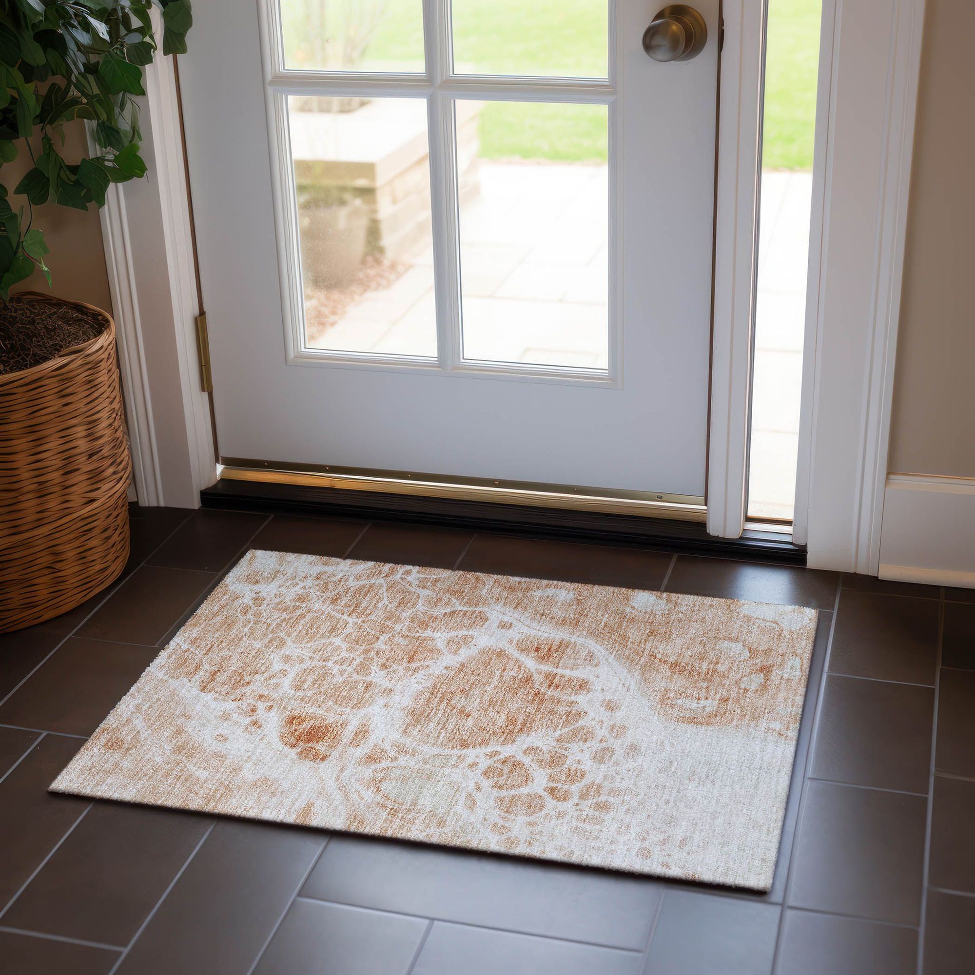Machine Washable Coral Orange Rug - Indoor / Outdoor - Kids / Pet Friendly Modern Print Rug