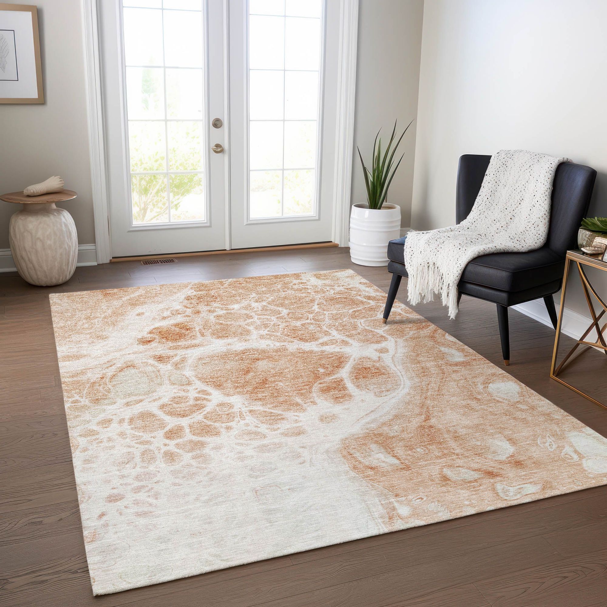 Machine Washable Coral Orange Rug - Indoor / Outdoor - Kids / Pet Friendly Modern Print Rug