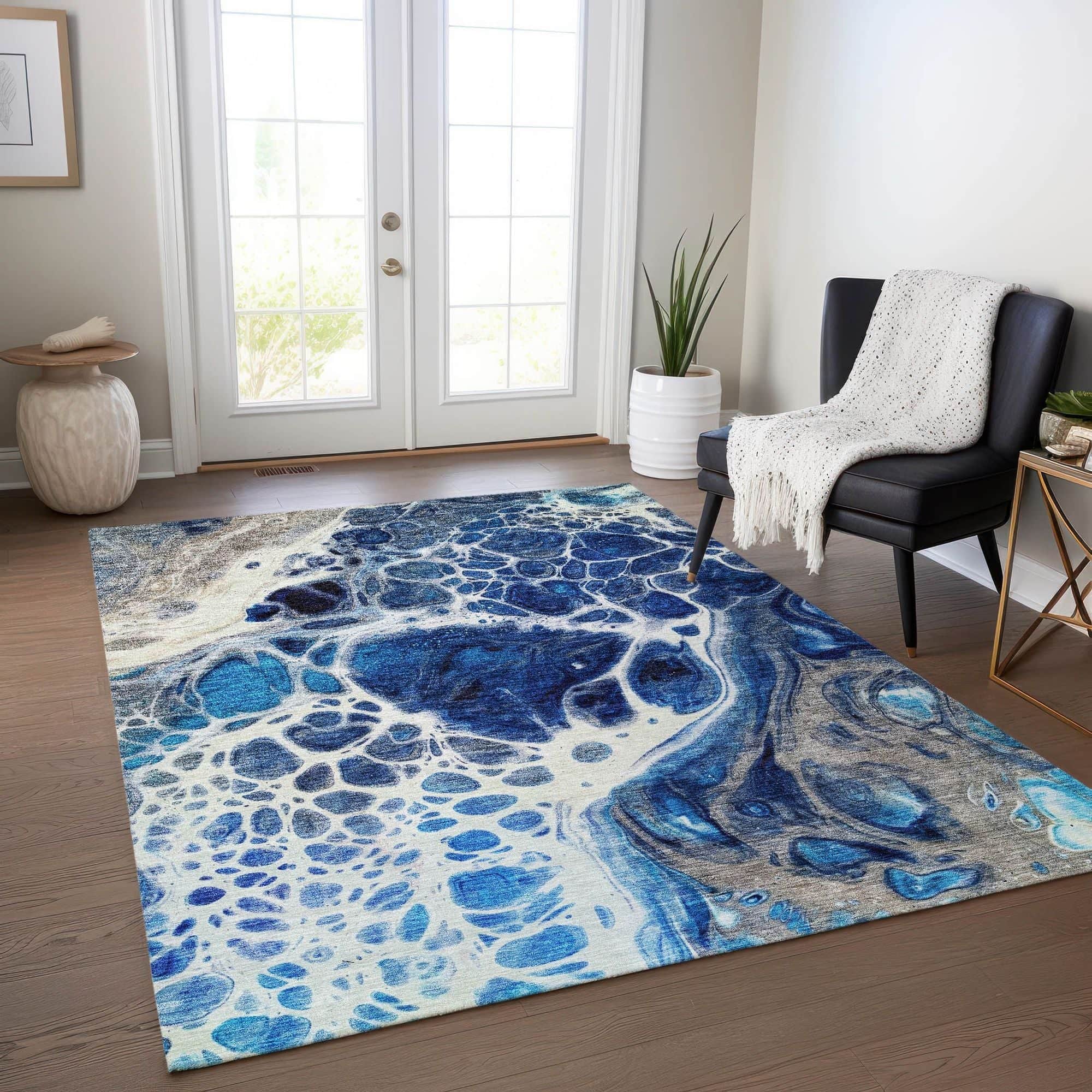 Machine Washable Navy Blue Rug - Indoor / Outdoor - Kids / Pet Friendly Modern Print Rug