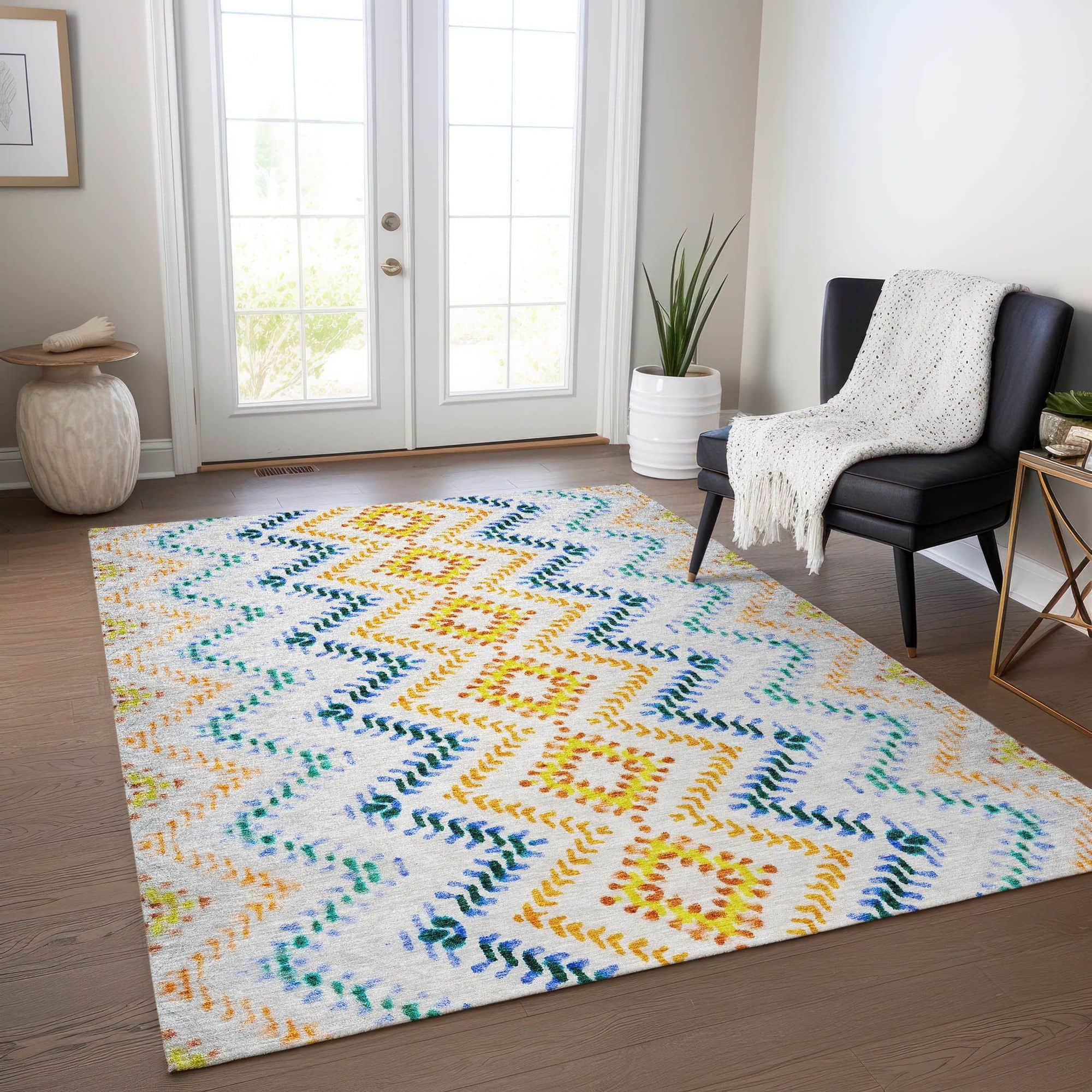 Machine Washable Ivory Rug - Indoor / Outdoor - Kids / Pet Friendly Geometric Print Rug