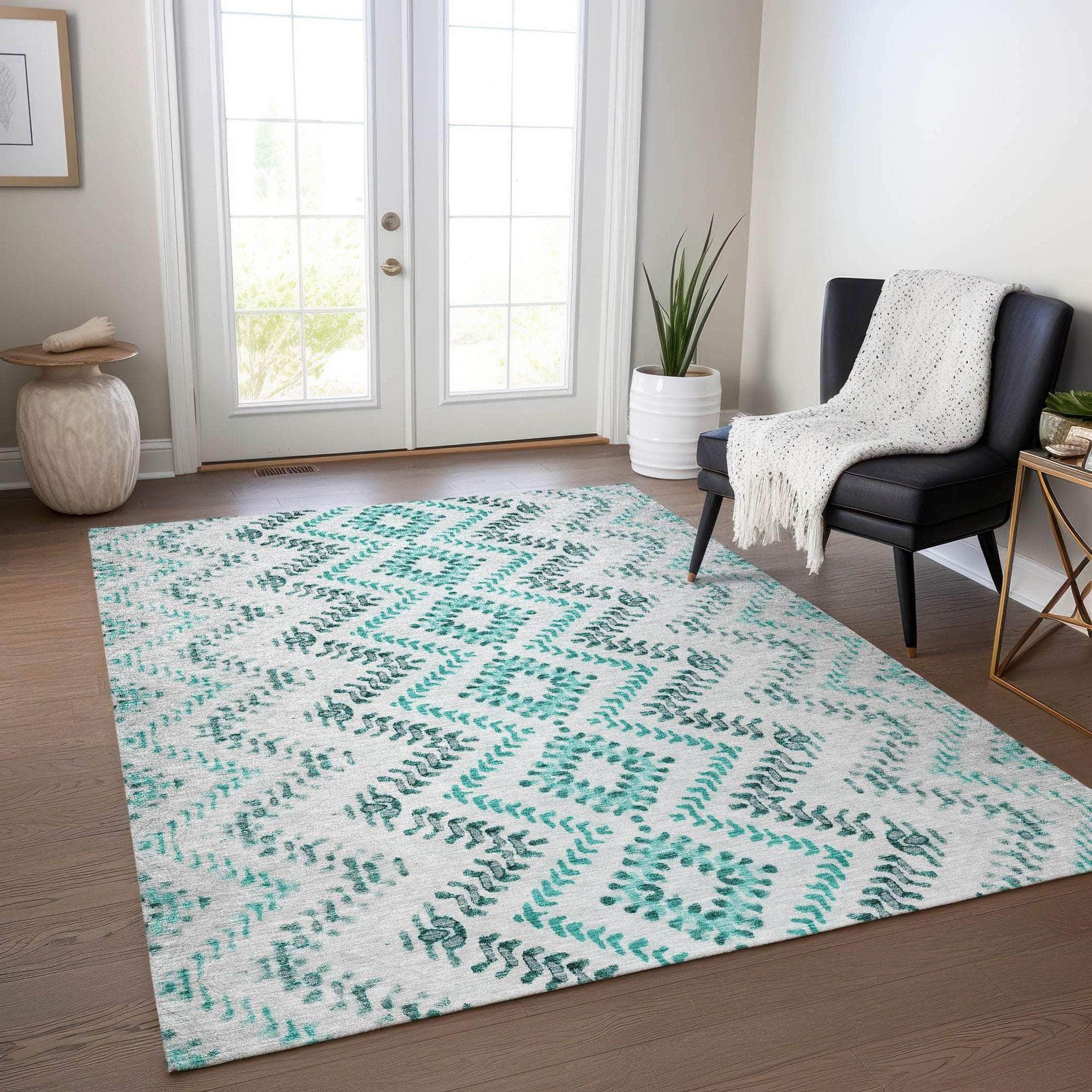 Machine Washable Teal Rug - Indoor / Outdoor - Kids / Pet Friendly Geometric Print Rug