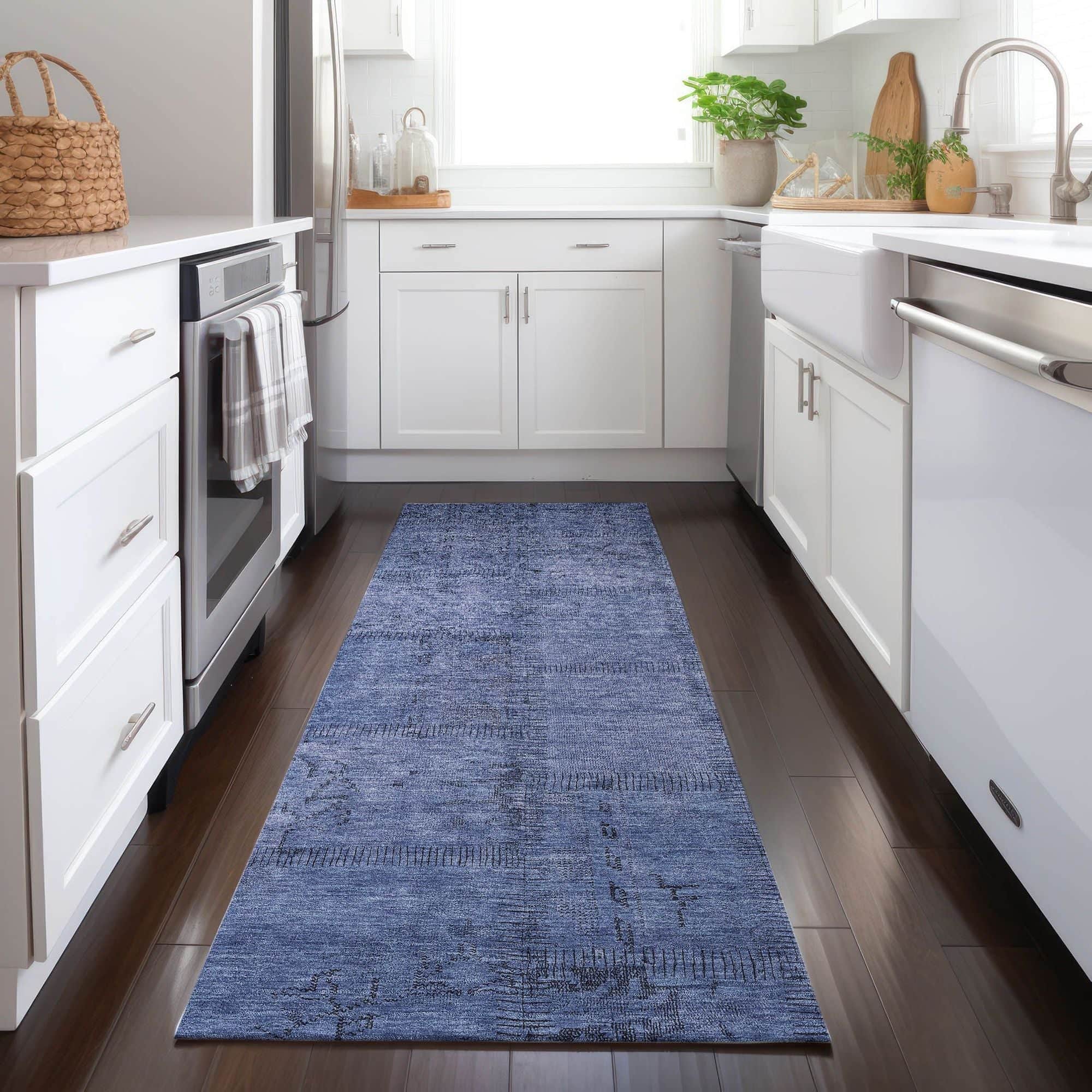 Machine Washable Blue Rug - Indoor / Outdoor - Kids / Pet Friendly Patchwork Print Rug