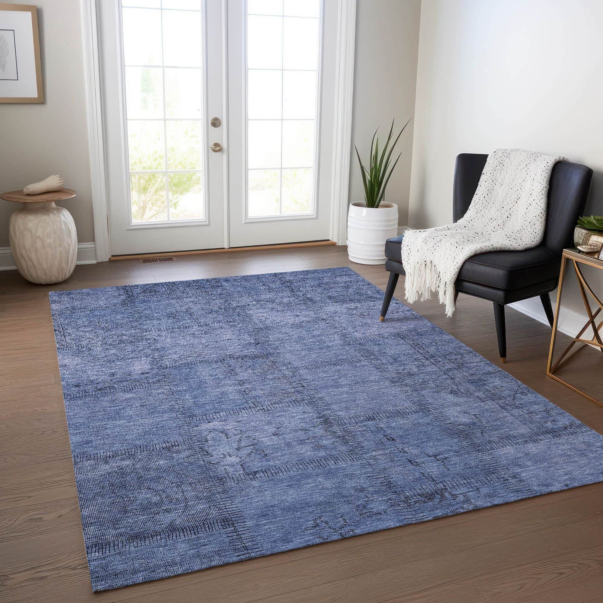 Machine Washable Blue Rug - Indoor / Outdoor - Kids / Pet Friendly Patchwork Print Rug