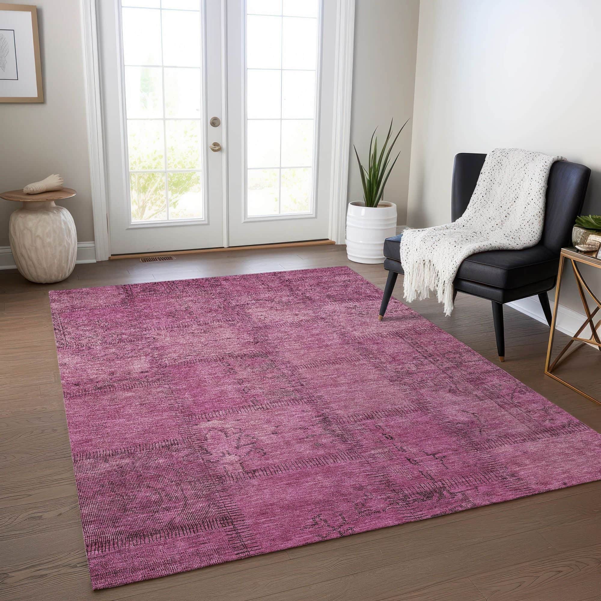 Machine Washable Blush Pink Rug - Indoor / Outdoor - Kids / Pet Friendly Patchwork Print Rug