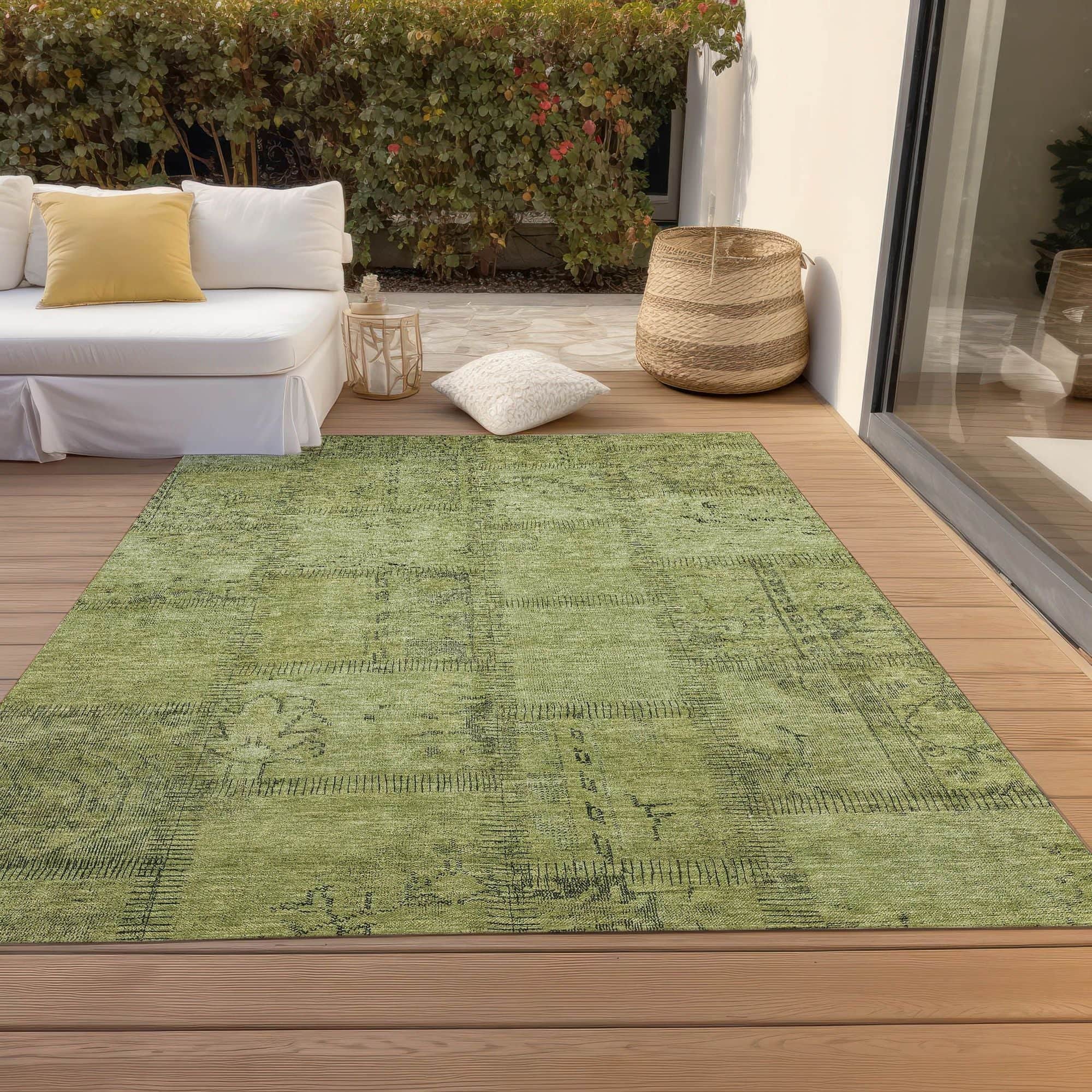 Machine Washable Fern Green Rug - Indoor / Outdoor - Kids / Pet Friendly Patchwork Print Rug