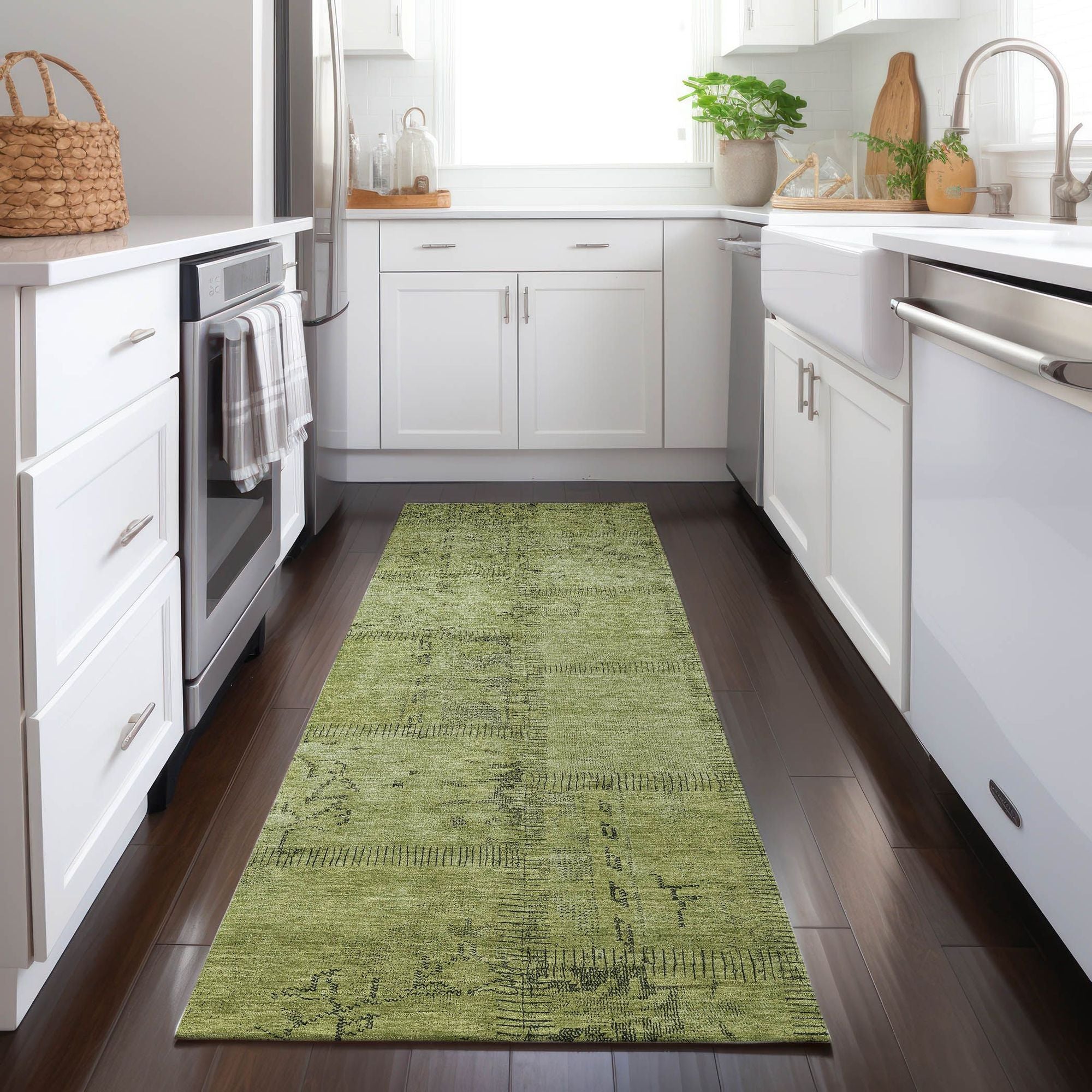 Machine Washable Fern Green Rug - Indoor / Outdoor - Kids / Pet Friendly Patchwork Print Rug