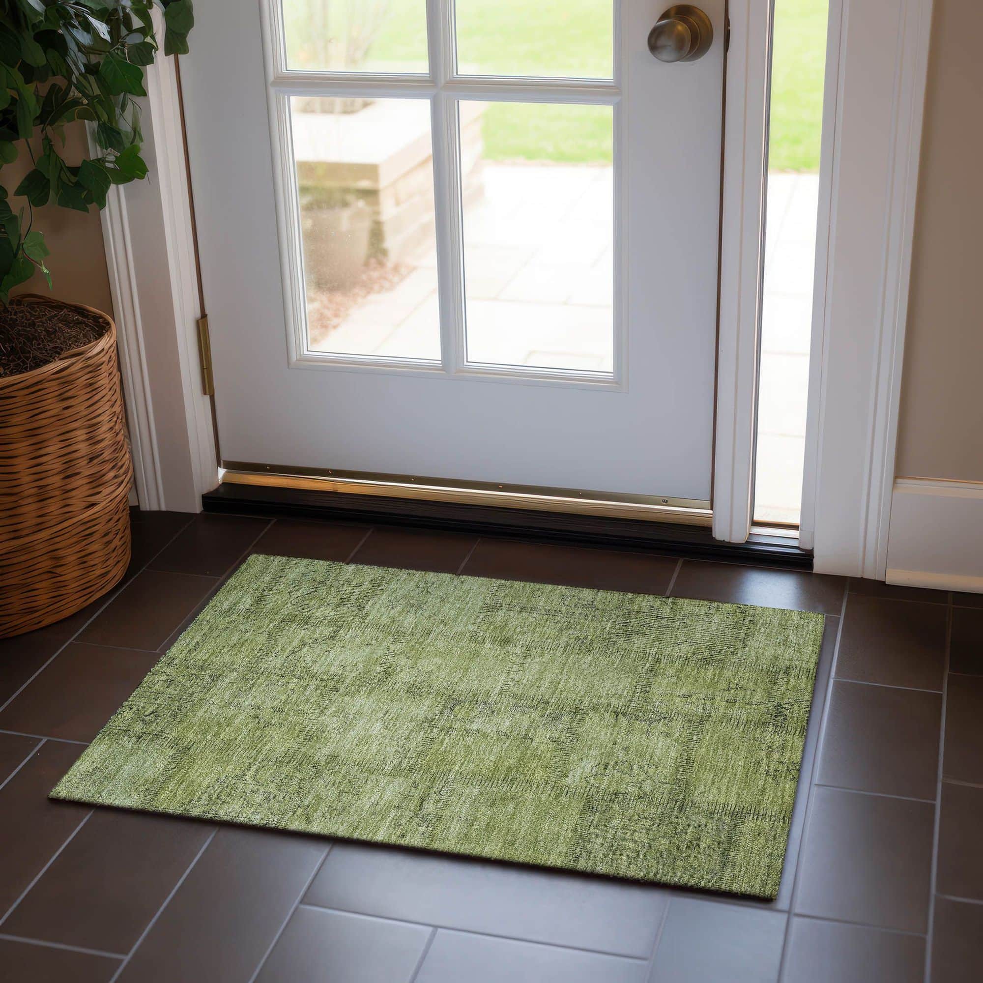 Machine Washable Fern Green Rug - Indoor / Outdoor - Kids / Pet Friendly Patchwork Print Rug