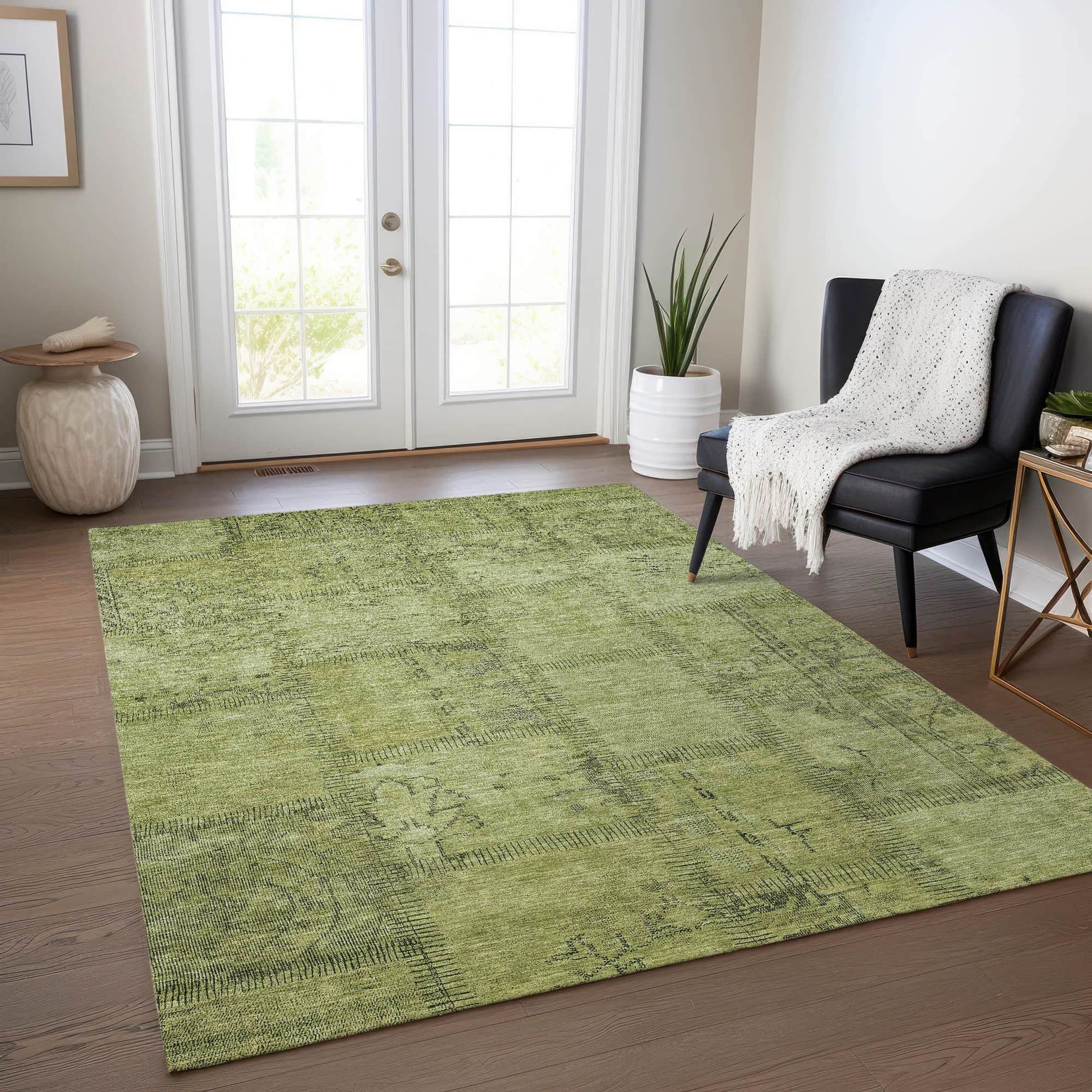 Machine Washable Fern Green Rug - Indoor / Outdoor - Kids / Pet Friendly Patchwork Print Rug