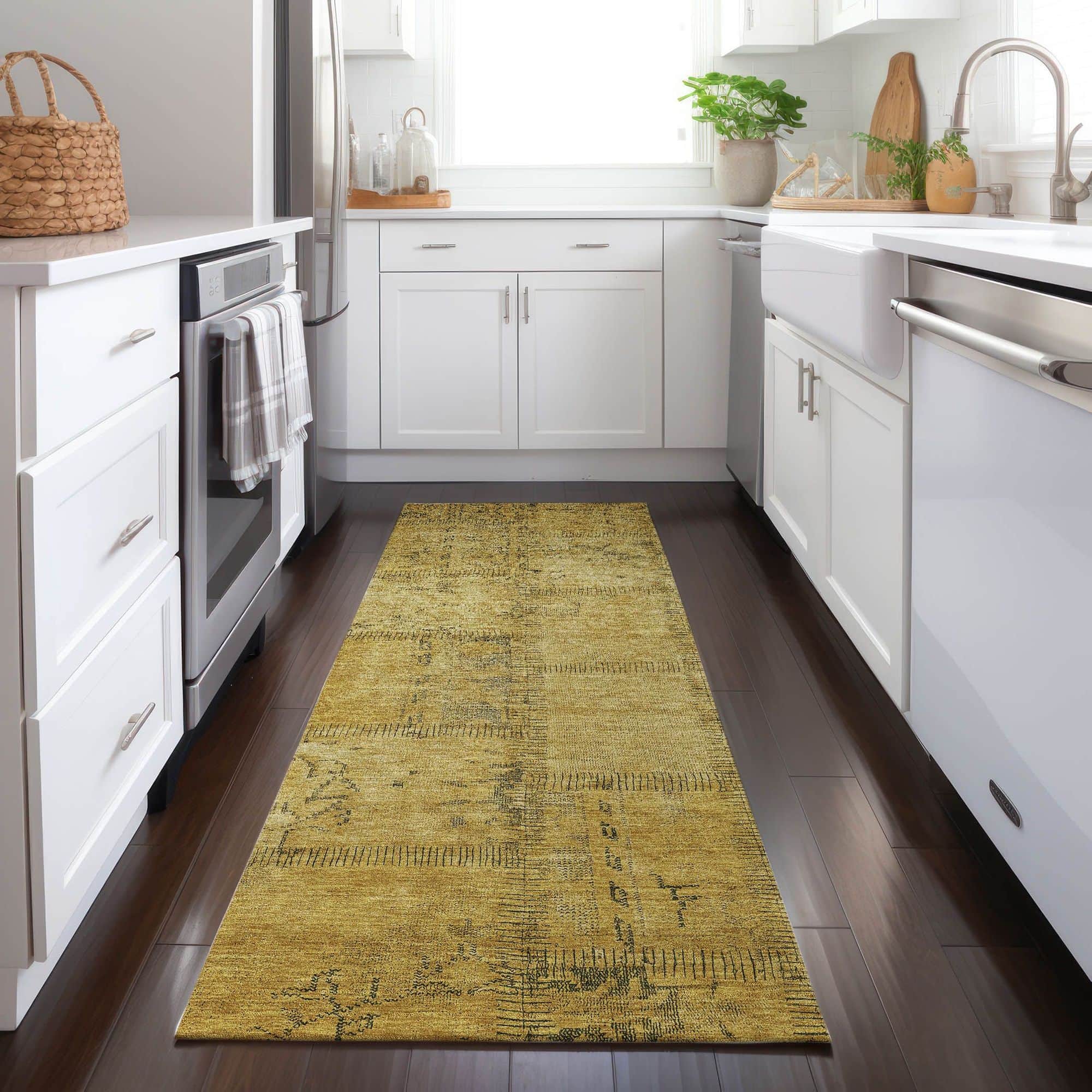 Machine Washable Gold Rug - Indoor / Outdoor - Kids / Pet Friendly Patchwork Print Rug
