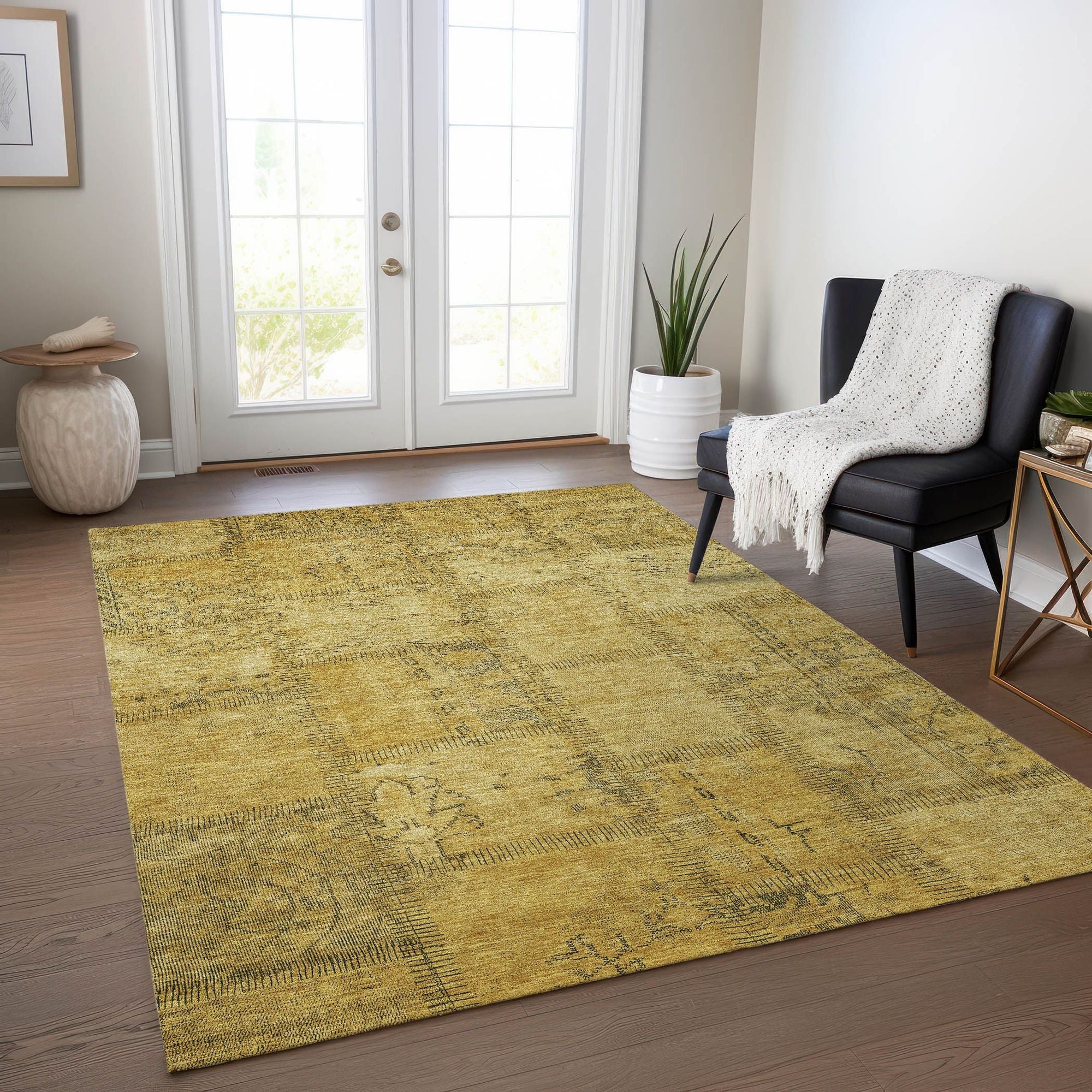 Machine Washable Gold Rug - Indoor / Outdoor - Kids / Pet Friendly Patchwork Print Rug
