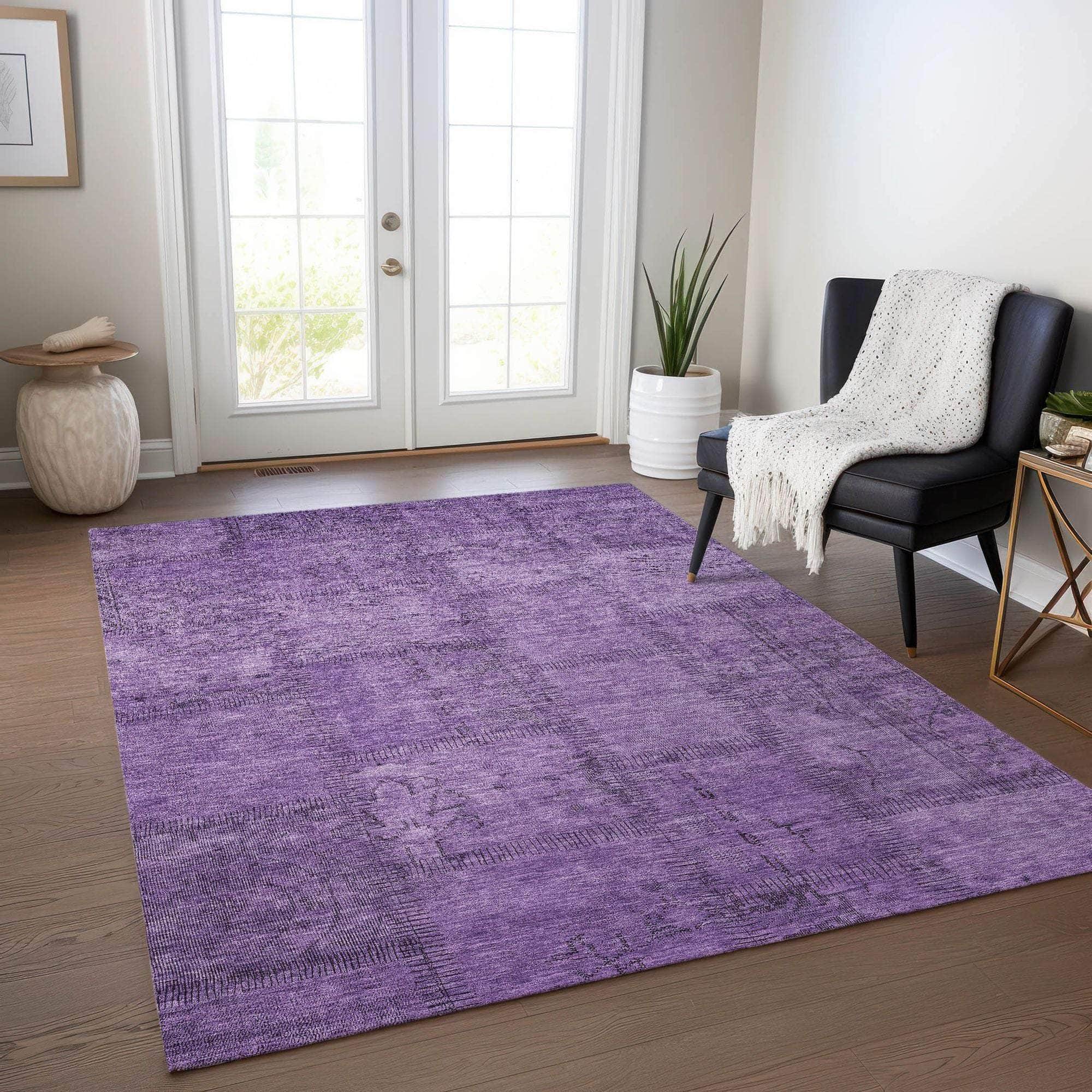 Machine Washable Purple Rug - Indoor / Outdoor - Kids / Pet Friendly Patchwork Print Rug